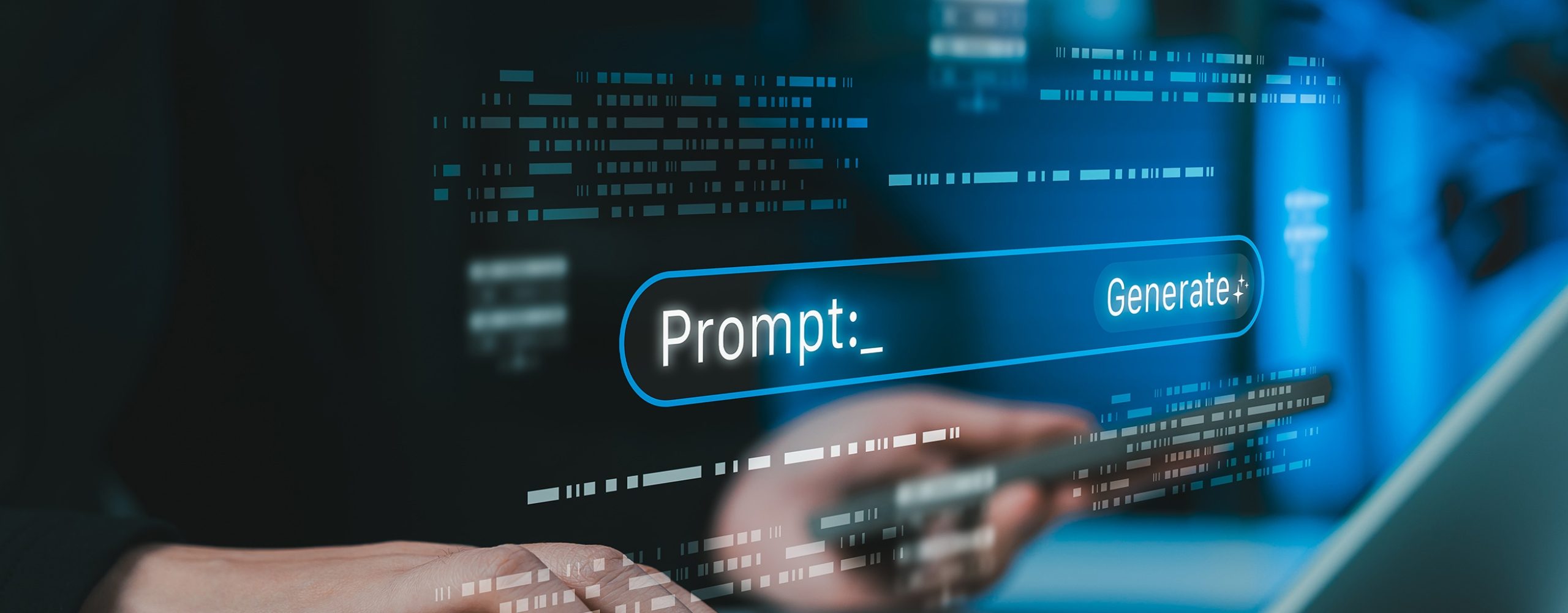 Futuristische Benutzeroberfläche für Prompt Engineering mit einem Eingabefeld über einer Laptop-Tastatur.