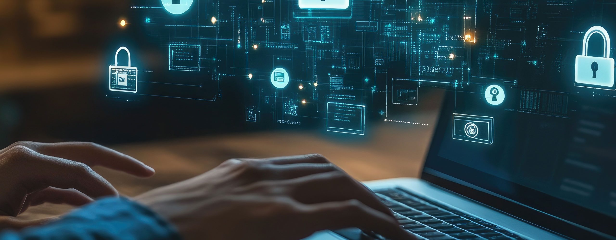 Close-up of a person working on a laptop with a digital representation of glowing padlocks and an interconnected data network hovering above. Symbolizes IT security, data protection and cyber security.