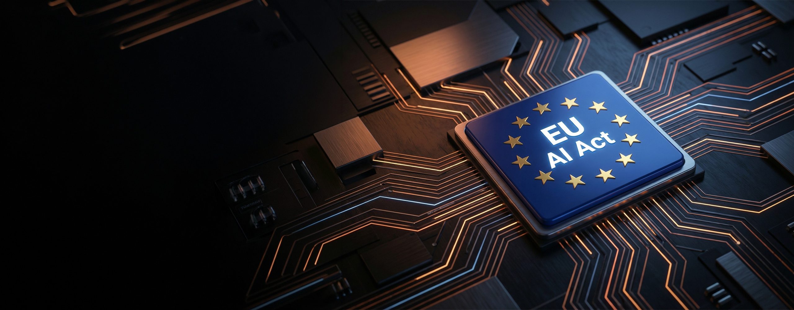 Microchip processor on a glowing circuit board featuring the EU flag and "EU AI Act" lettering.