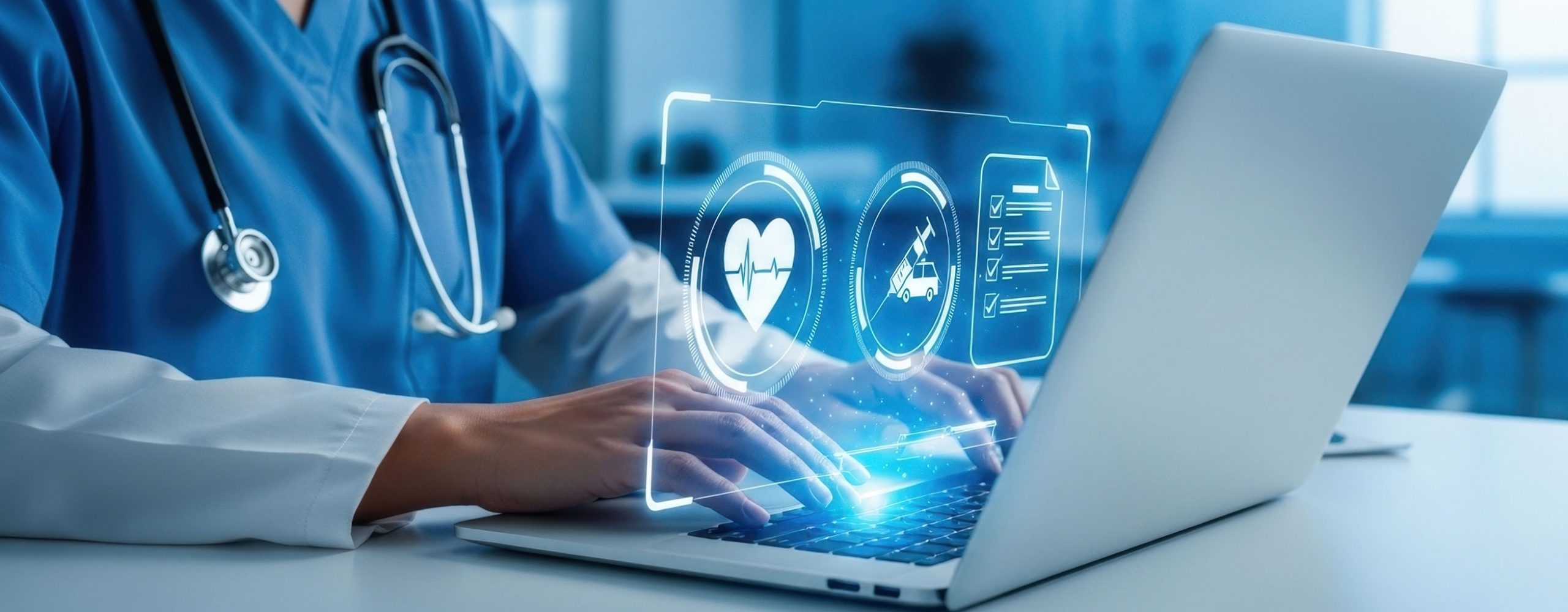Person in medical scrubs typing on a laptop with glowing blue holographic healthcare icons.