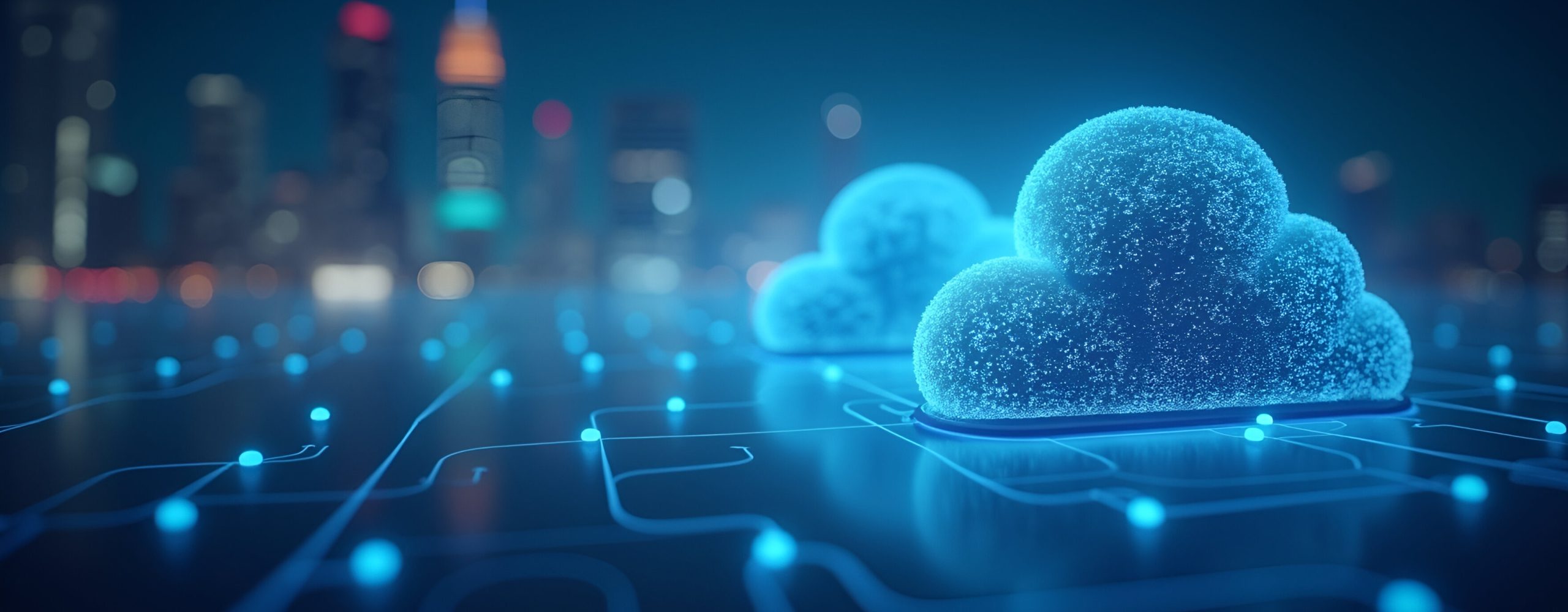 Several luminous, textured blue cloud symbols stand on a stylized circuit board with connected points of light, with an illuminated city skyline blurred in the background. The image visualizes cloud computing, cloud infrastructure, digital networking, smart city concepts and global data processing.