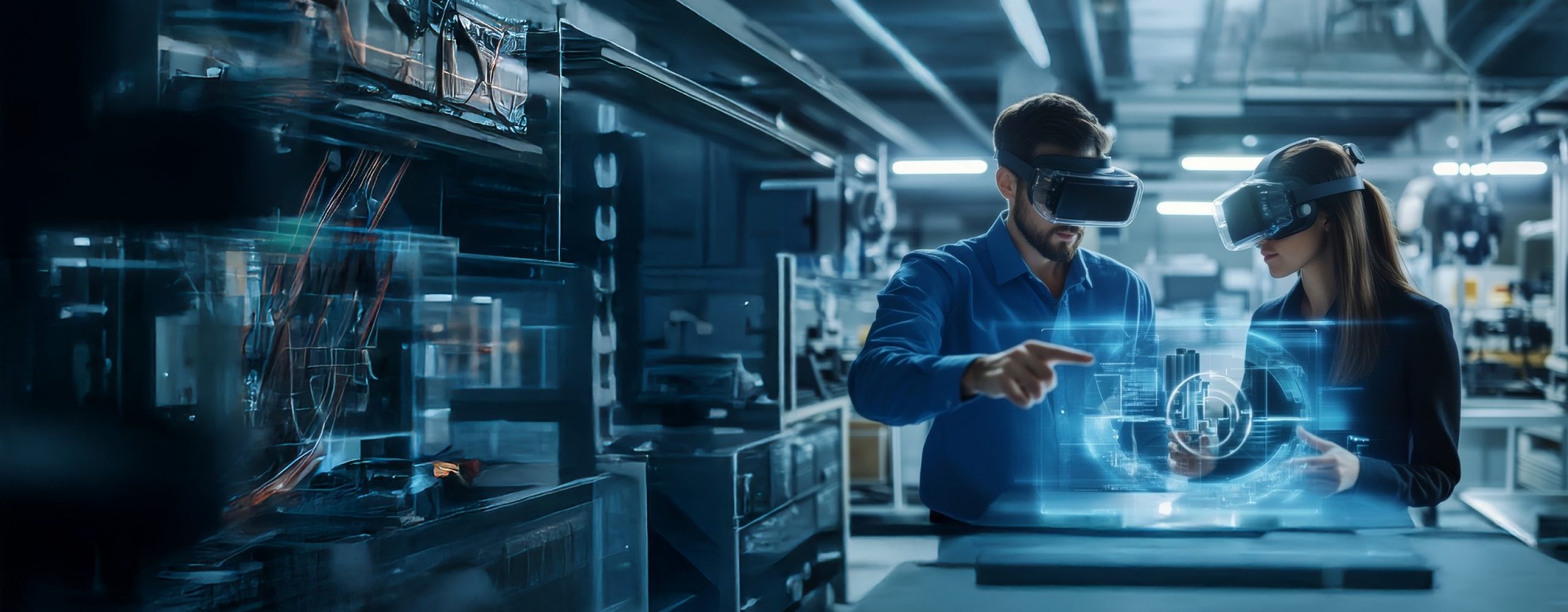 VR-Zusammenarbeit: Eine futuristische Vision von Innovation mit einem Mann und einer Frau, die VR-Headsets tragen und mit einem holografischen 3D-Modell in einer modernen Industrieumgebung interagieren. Das Bild verkörpert hochmoderne