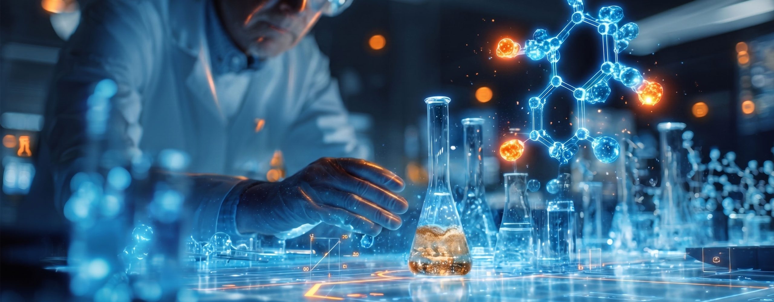 Scientist in a lab coat working at a futuristic laboratory bench with glowing flasks and a 3D molecular hologram.