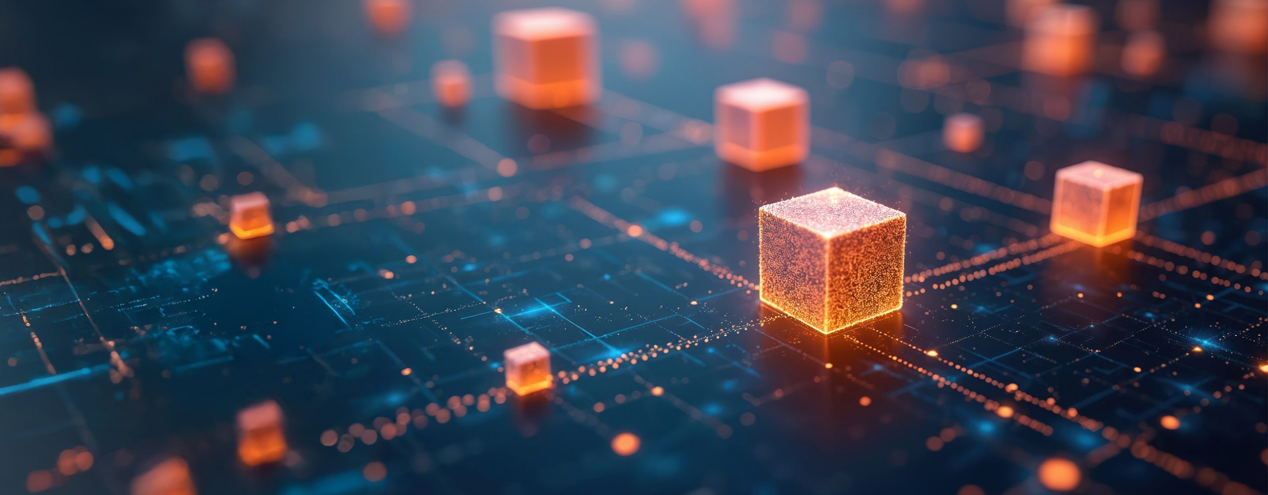 Abstract 3D visualization of glowing orange data blocks on a blue digital grid; representing cloud infrastructure, networked systems, and advanced data processing.