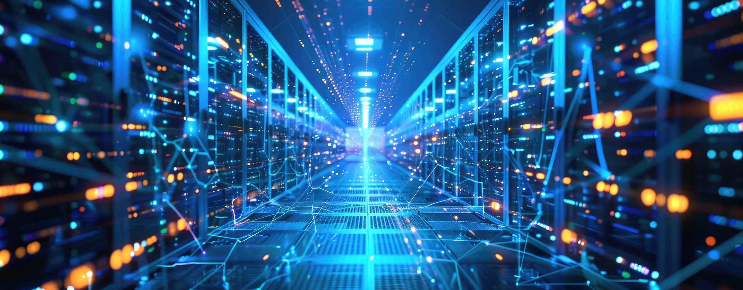 Eine futuristische, stilisierte Ansicht eines Rechenzentrums-Gangs mit Server-Racks auf beiden Seiten. Das Bild ist geprägt von leuchtend blauen und orangefarbenen Lichteffekten, digitalen Datenverbindungen und Unschärfe-Effekten (Bokeh), die einen technologischen und hochmodernen Eindruck vermitteln.