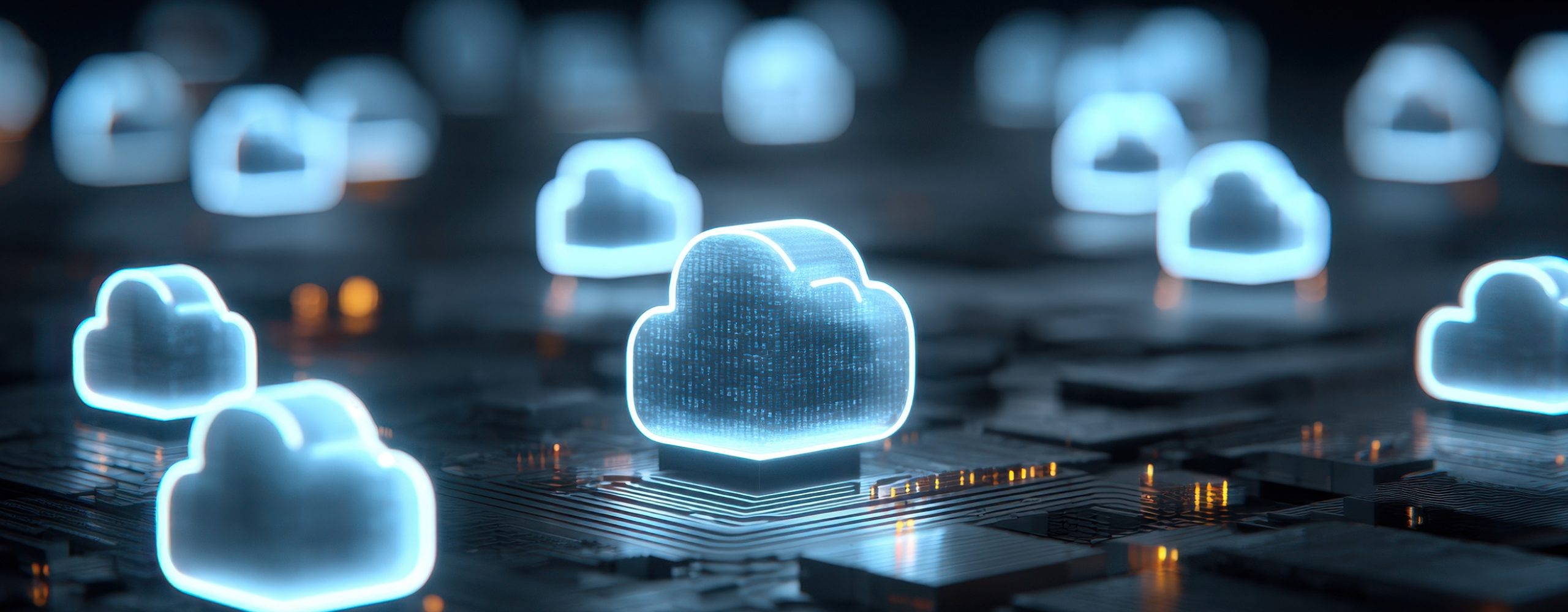 3D visualization of distributed cloud computing infrastructure featuring glowing cyan cloud symbols on a digital circuit layout.