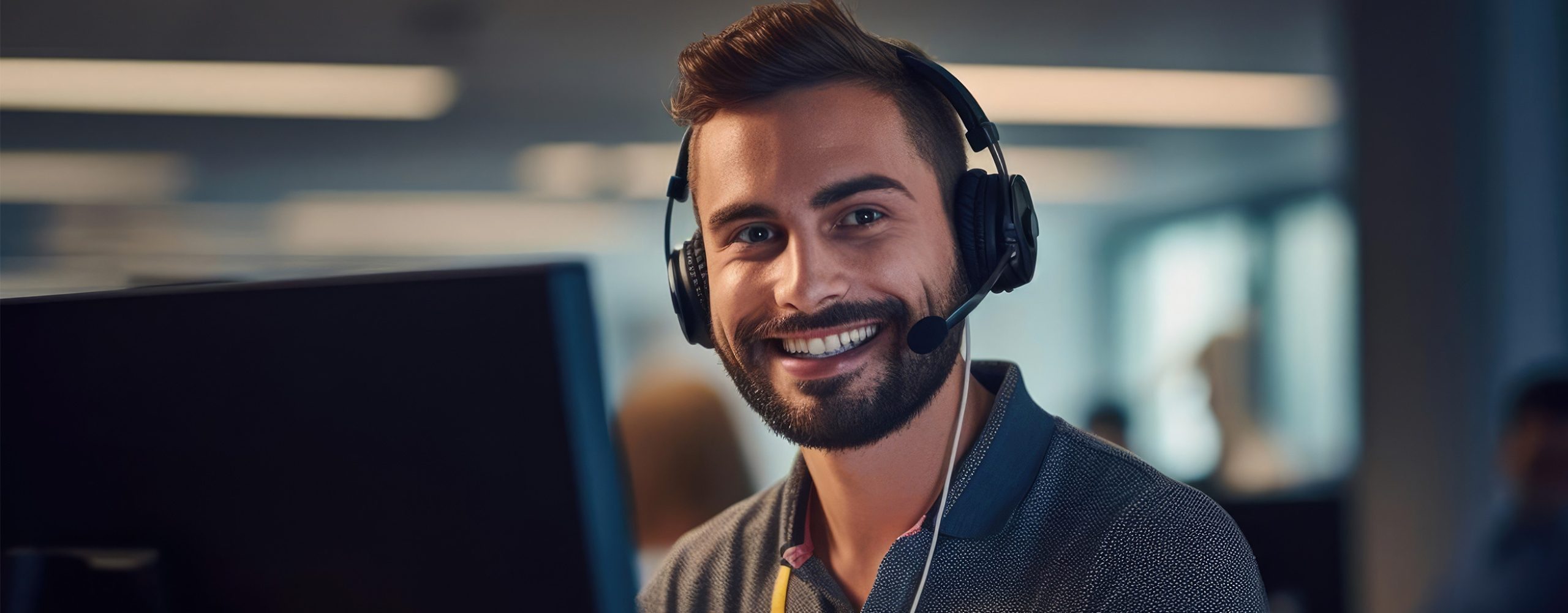 Ein freundlich lächelnder Mann mit Bart und Headset schaut direkt in die Kamera. Er sitzt vor einem dunklen Computermonitor in einem modernen, hellen Büro.