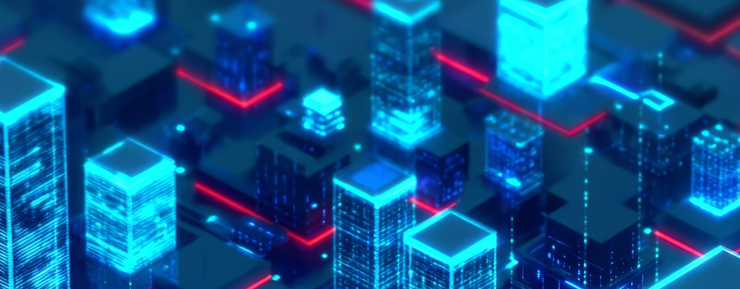 Digital representation of a cloud infrastructure with illuminated, networked data centers (towers) on a blue board, symbolic of big data and hyperscaler environments.