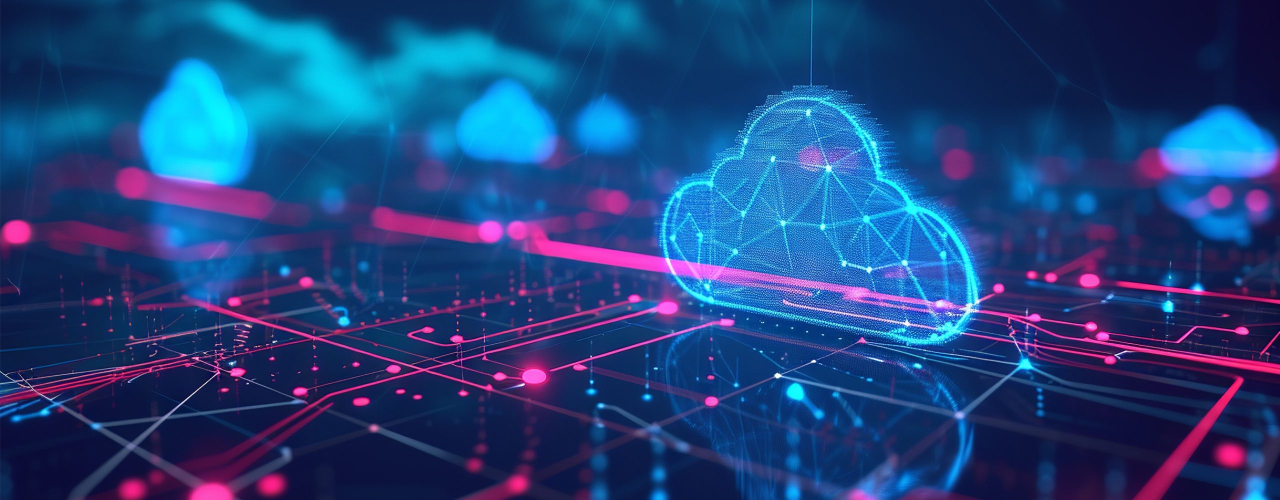 Abstract, futuristic visualization of a glowing, networked cloud symbol hovering over a digital infrastructure with red and blue light lines. Symbolizes cloud computing and data networks.