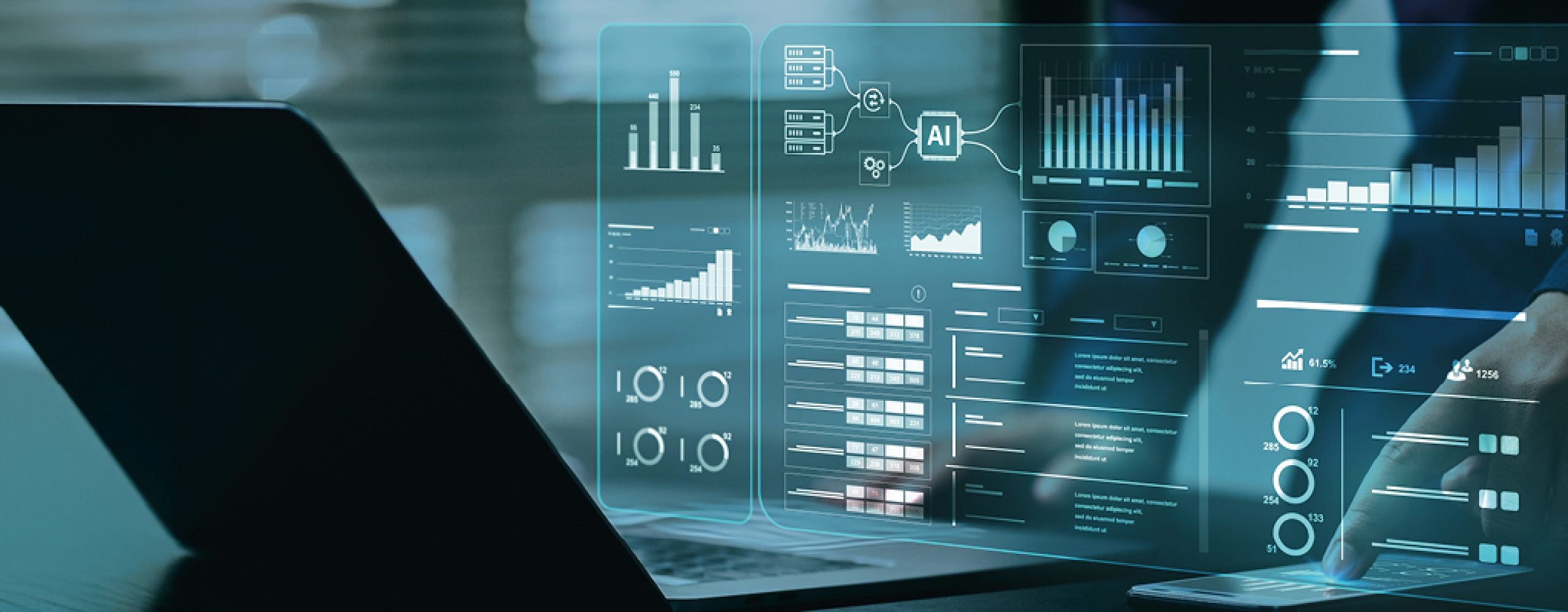 Person works on laptop with data visualization, charts and AI icon. Focuses on data analysis and technology in a professional environment.