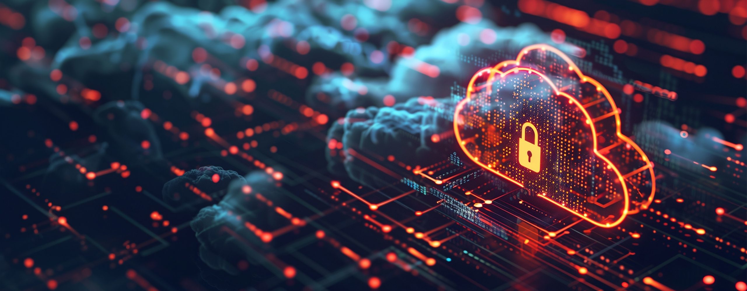 Eine leuchtend orange-rote, pixelige Cloud-Grafik mit einem stilisierten Vorhängeschloss-Symbol steht prominent im Vordergrund. Diese Cloud ist Teil eines digitalen Netzwerks aus leuchtenden roten Linien und Punkten, die sich über eine dunkle Oberfläche erstrecken. Im unscharfen Hintergrund sind weitere Wolken und digitale Elemente in Blau zu erkennen. Das Bild symbolisiert Datensicherheit, Cyberbedrohungen und den Schutz sensibler Informationen in der Cloud.