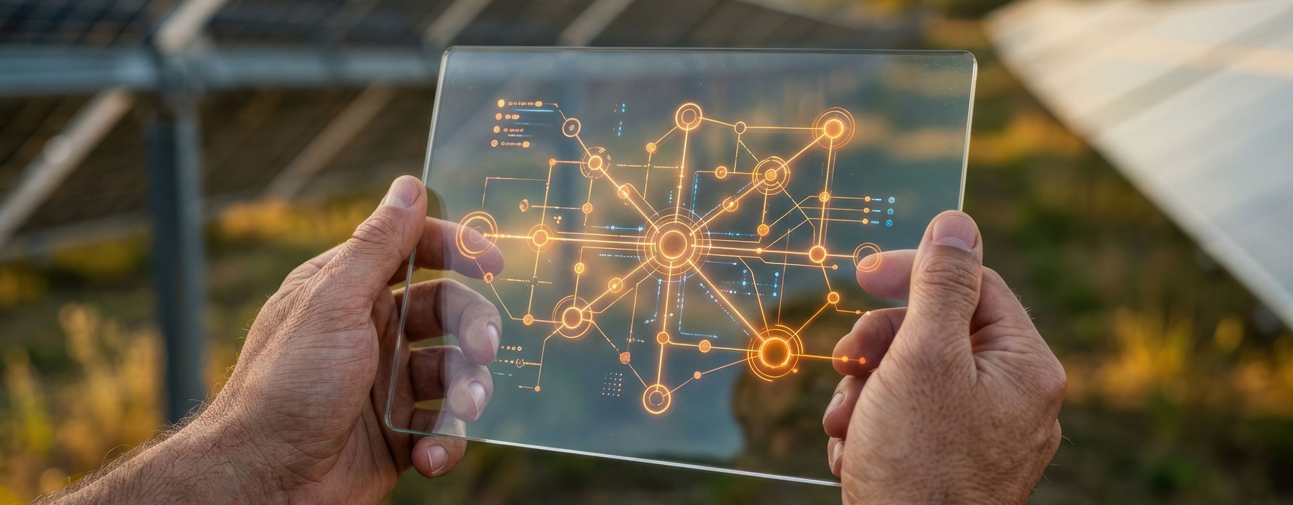 Zwei Hände halten ein transparentes Glas-Display mit leuchtendem orangenem Netzwerk-Diagramm vor einem Solarpark.