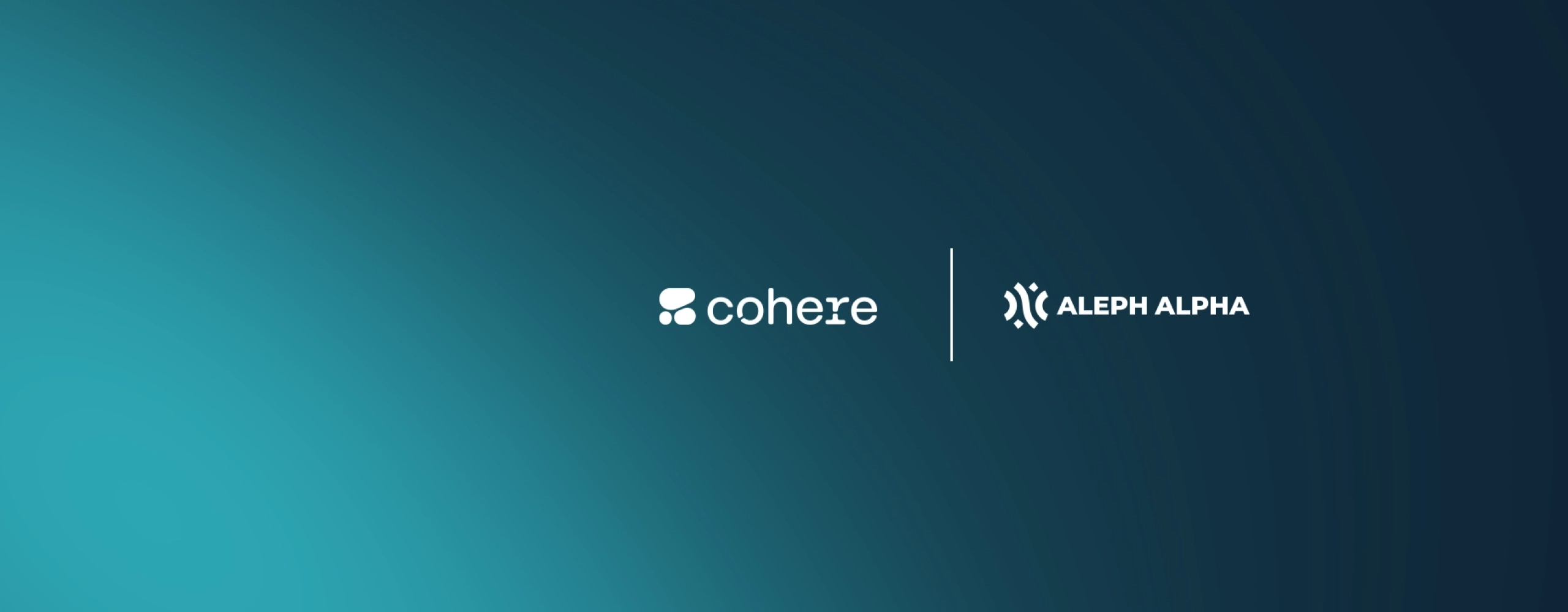 Cohere und Aleph Alpha Logos, getrennt durch einen vertikalen Strich, zentriert auf einem dunkelblauen bis türkisgrünen Farbverlauf-Hintergrund.