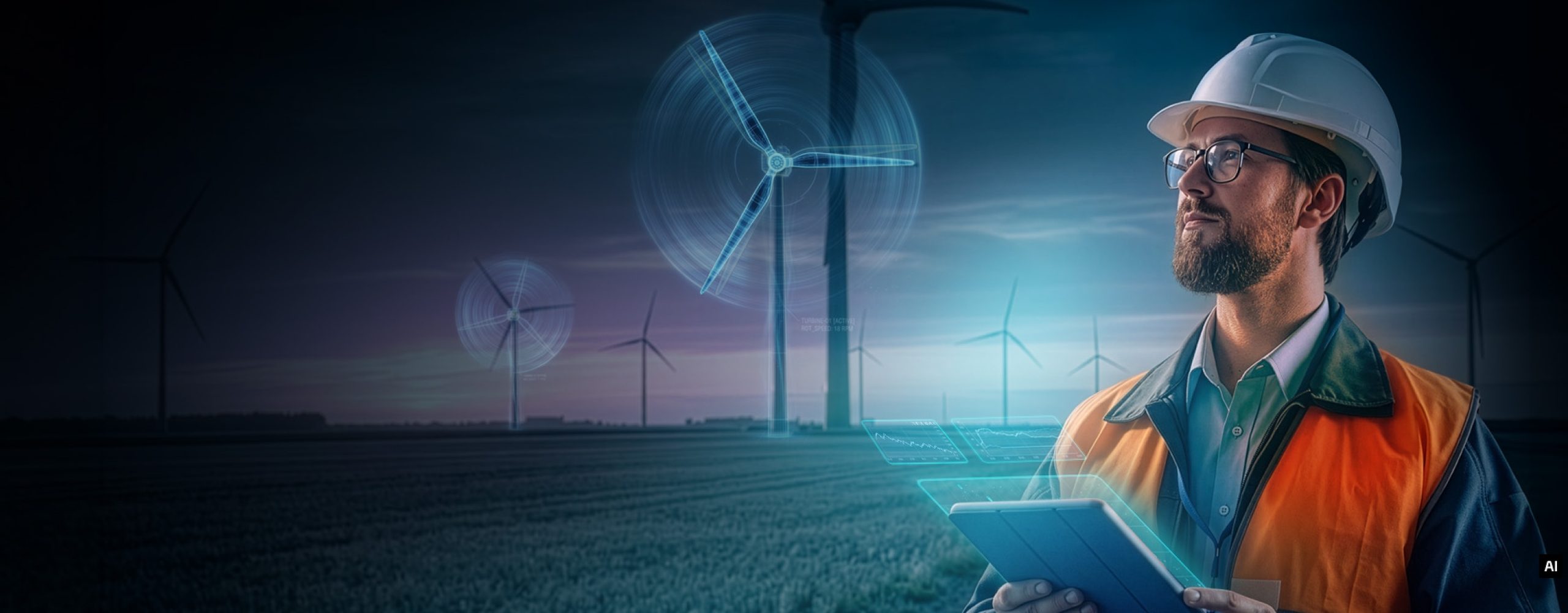 Techniker mit Schutzhelm prüft digitale Windkraftdaten vor einem Windpark.