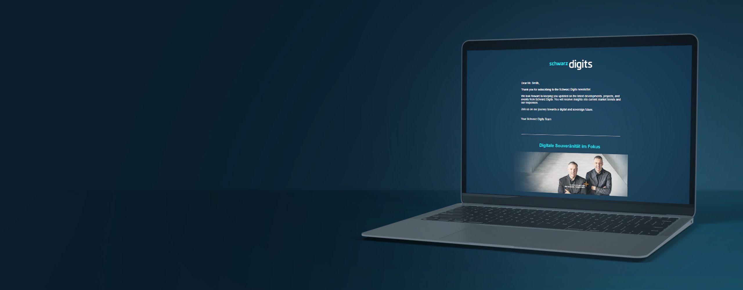 Laptop featuring the Schwarz Digits newsletter on Digital Sovereignty.