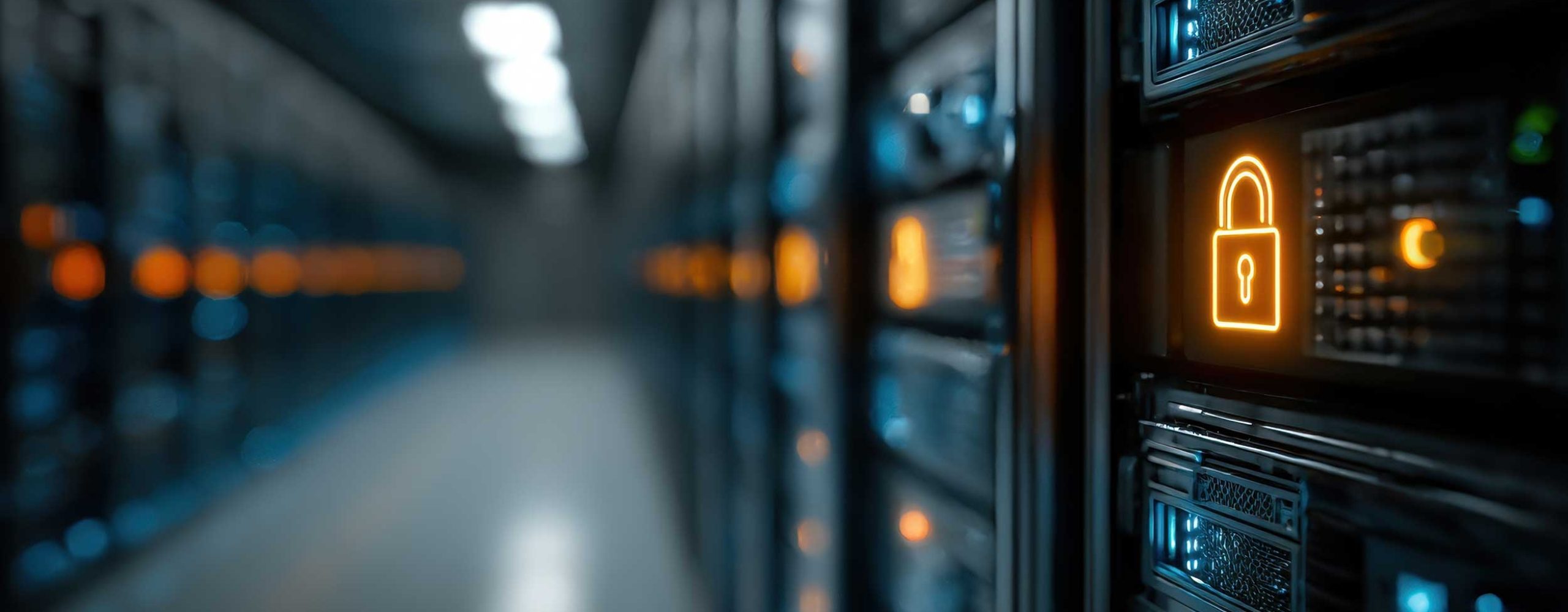 Modern data center aisle featuring a glowing orange padlock icon on a server rack. The image symbolizes maximum IT security, reliable data protection, and the secure operation of critical infrastructure in the cloud.