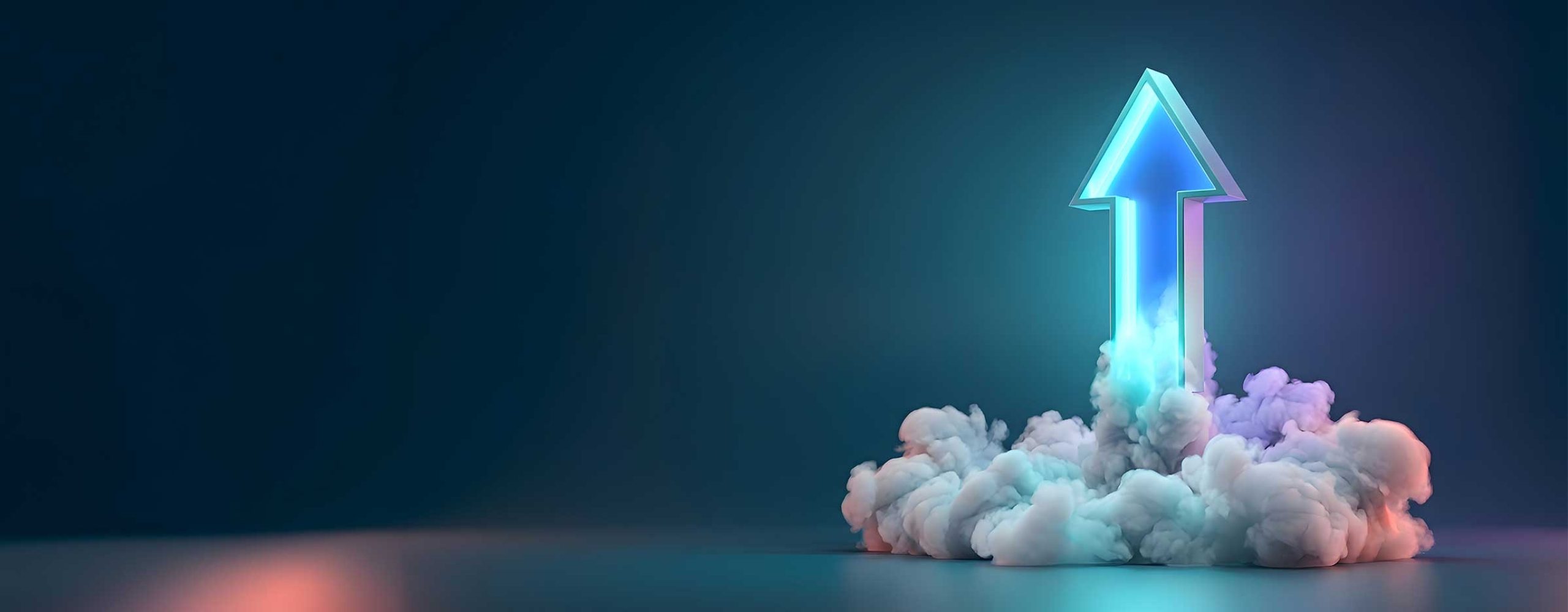 Glowing blue arrow shooting steeply upwards from clouds. This 3D rendering symbolizes cloud bursting, dynamic scaling, and successfully handling sudden traffic peaks in IT infrastructure.