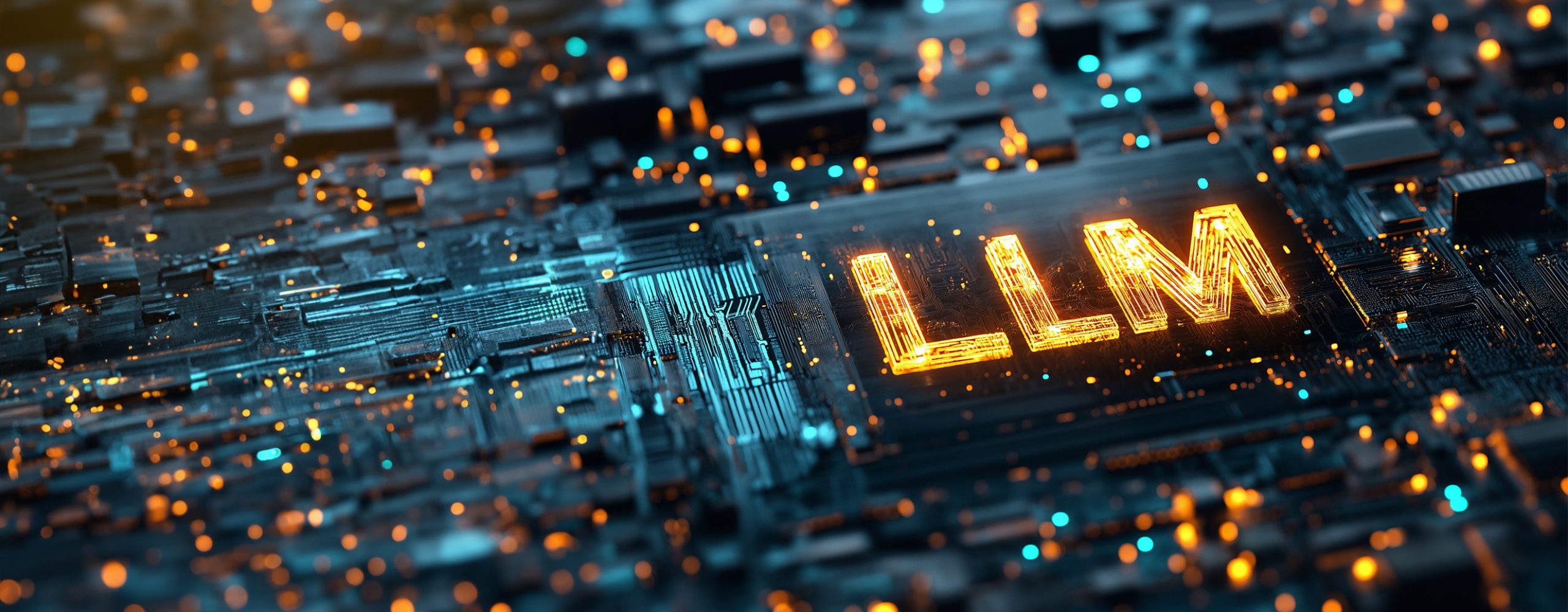 Nahaufnahme einer futuristischen Leiterplatte (Platine) mit glühenden, orange-gelben und blauen Lichtpunkten. In der Mitte leuchtet der Schriftzug "LLM" in orangefarbener, digitaler 3D-Schrift, was "Large Language Model" symbolisiert. Die Szene vermittelt ein Gefühl von Technologie, KI und Rechenleistung.