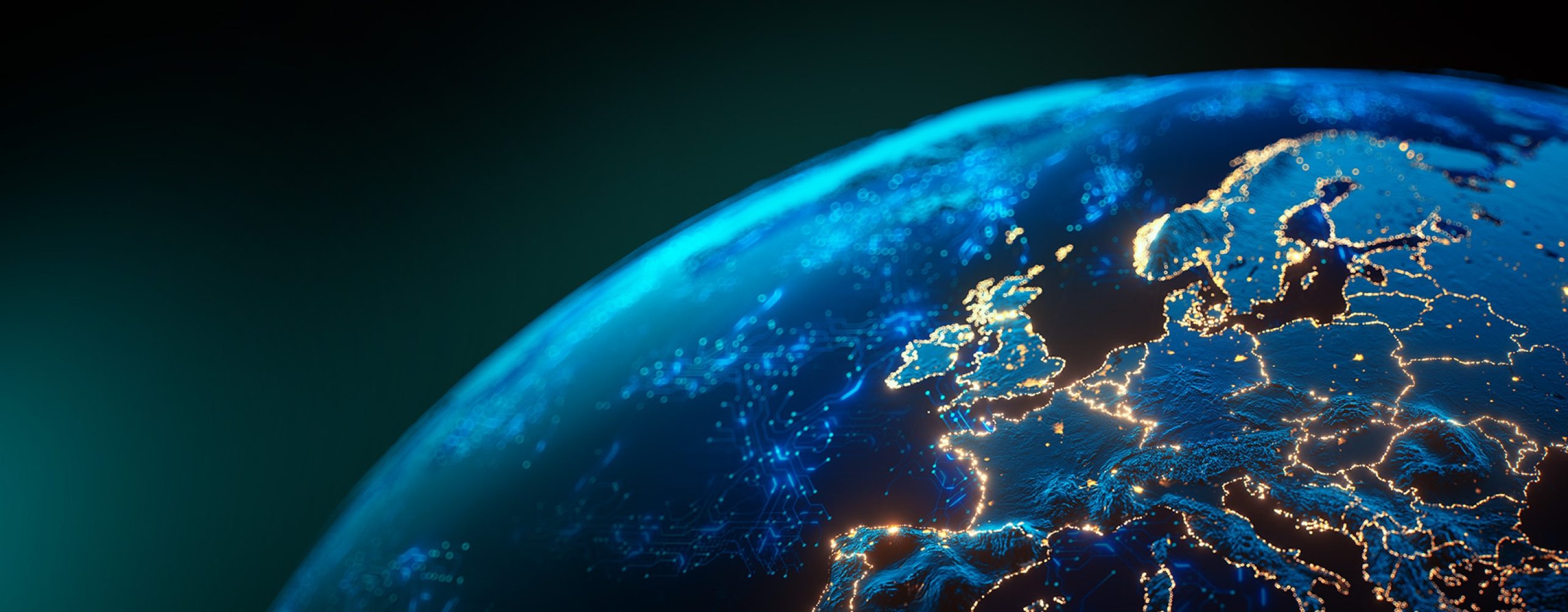 A digital globe focusing on Europe illustrates STACKIT’s sovereign cloud and colocation services according to European data protection standards.