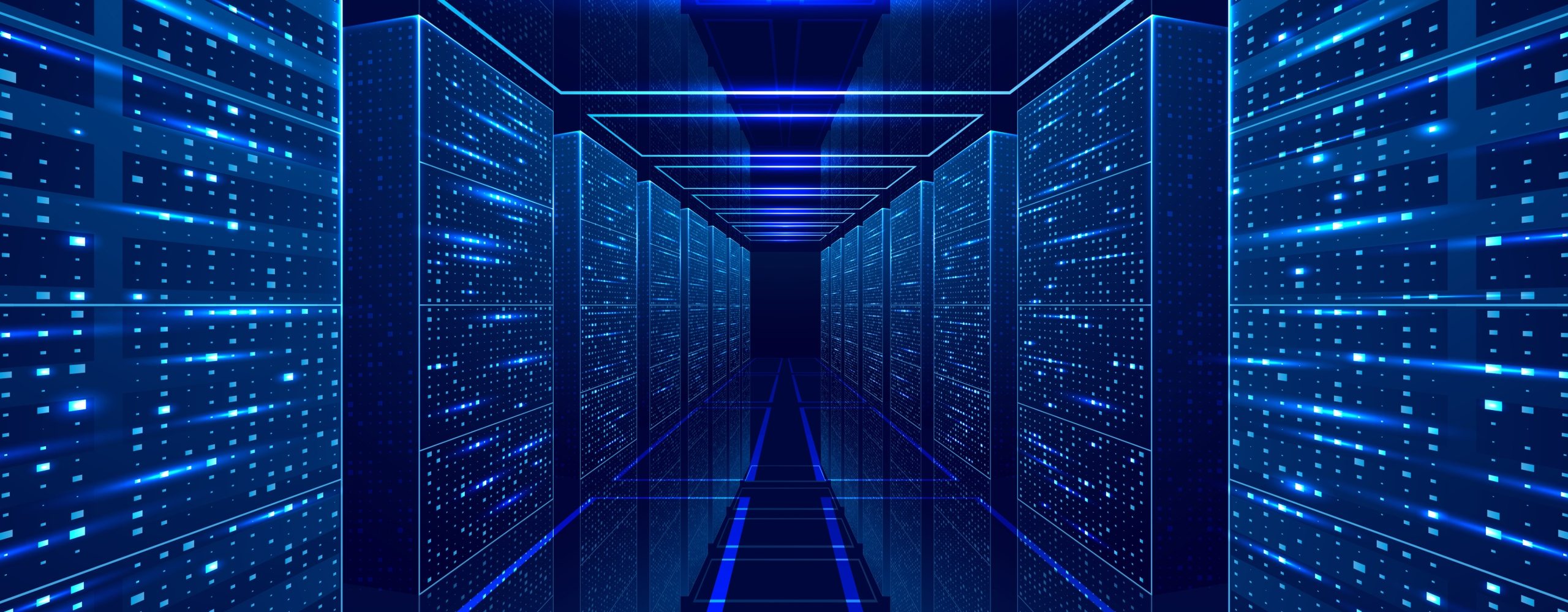 Digital data center corridor illuminated in glowing blue light, symbolizing AI servers, vector database hosting, and cloud computing.