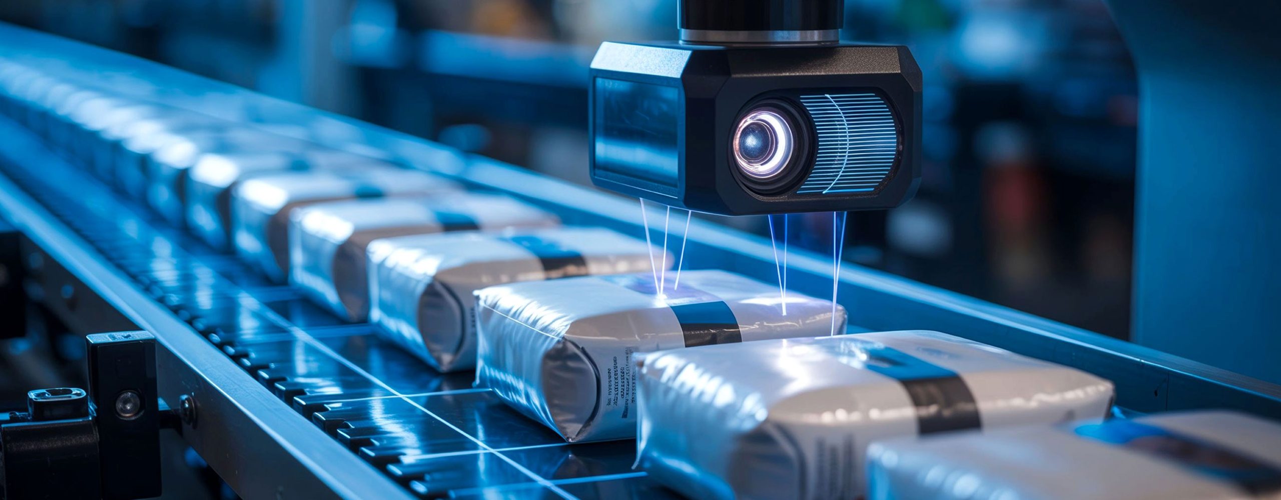 Automatisierte KI-Qualitätsprüfung mit Computer Vision in der Produktion: Ein Vision-Sensor scannt Backwaren-Verpackungen auf einem Förderband mit Laserstrahlen.