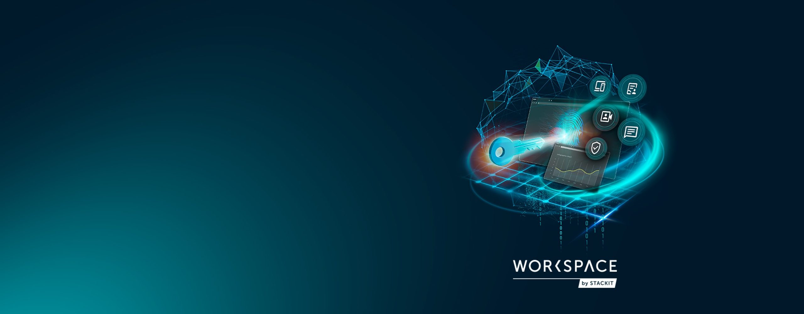 Digitale Visualisierung eines sicheren Arbeitsplatzes mit Laptop, Dashboard-Elementen und einem Schlüssel-Symbol für Verschlüsselung über dem ‚Workspace by STACKIT‘ Logo.