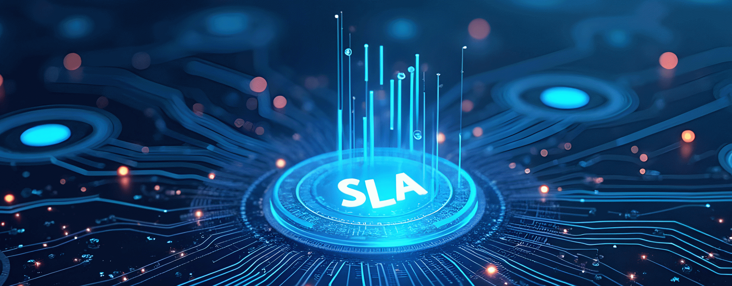 Blau leuchtendes SLA Symbol auf einer digitalen Platine als Konzept für Service Level Agreement im IT-Bereich.
