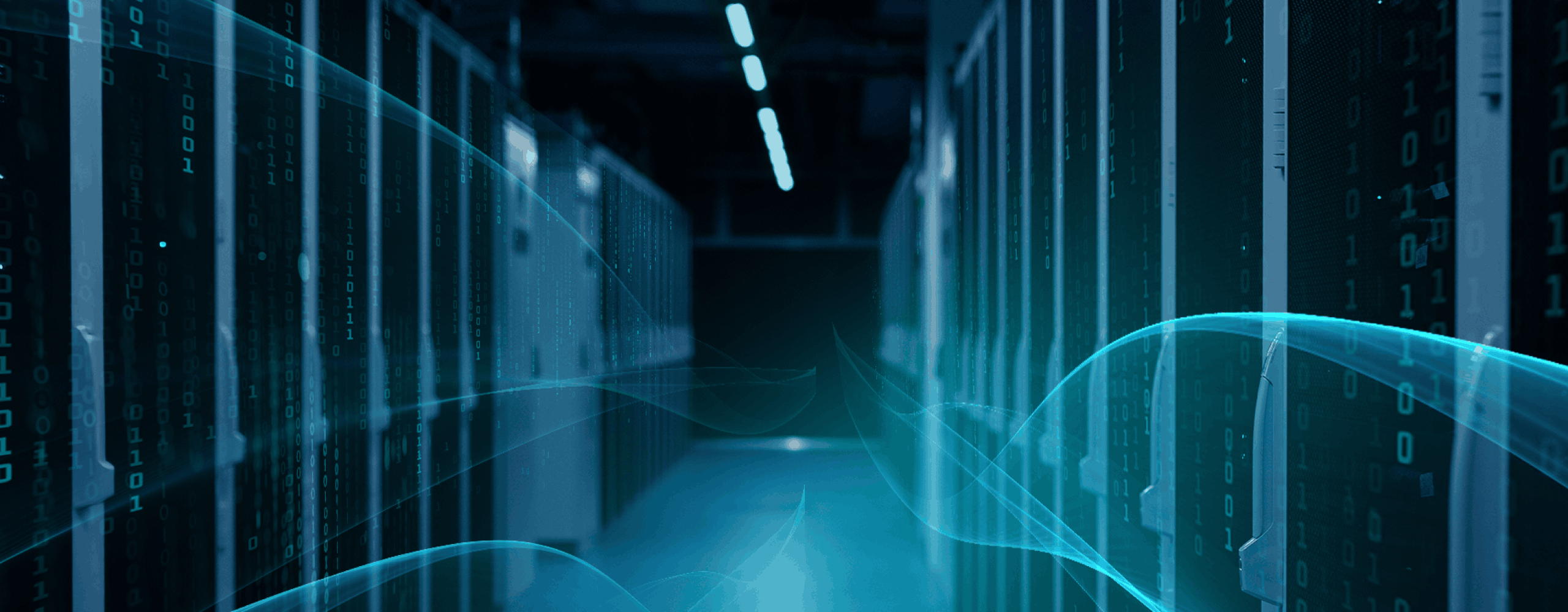 View into a certified data center with glowing data streams, symbolizing the sovereign IT product portfolio of Schwarz Digits.