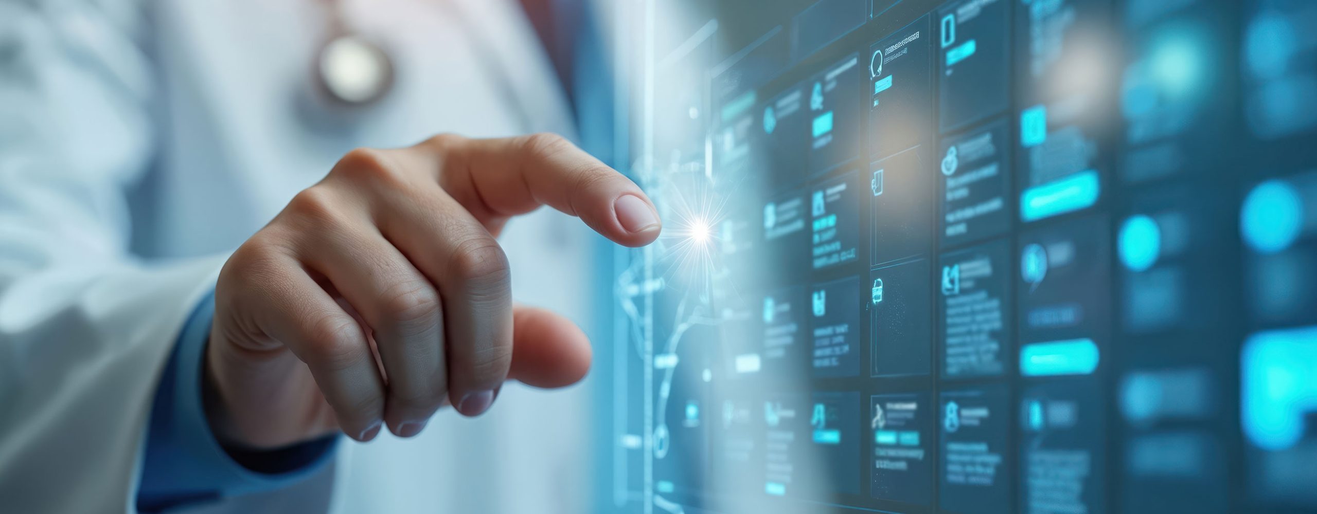 Doctor's hand interacting with a glowing blue transparent digital user interface displaying medical data.