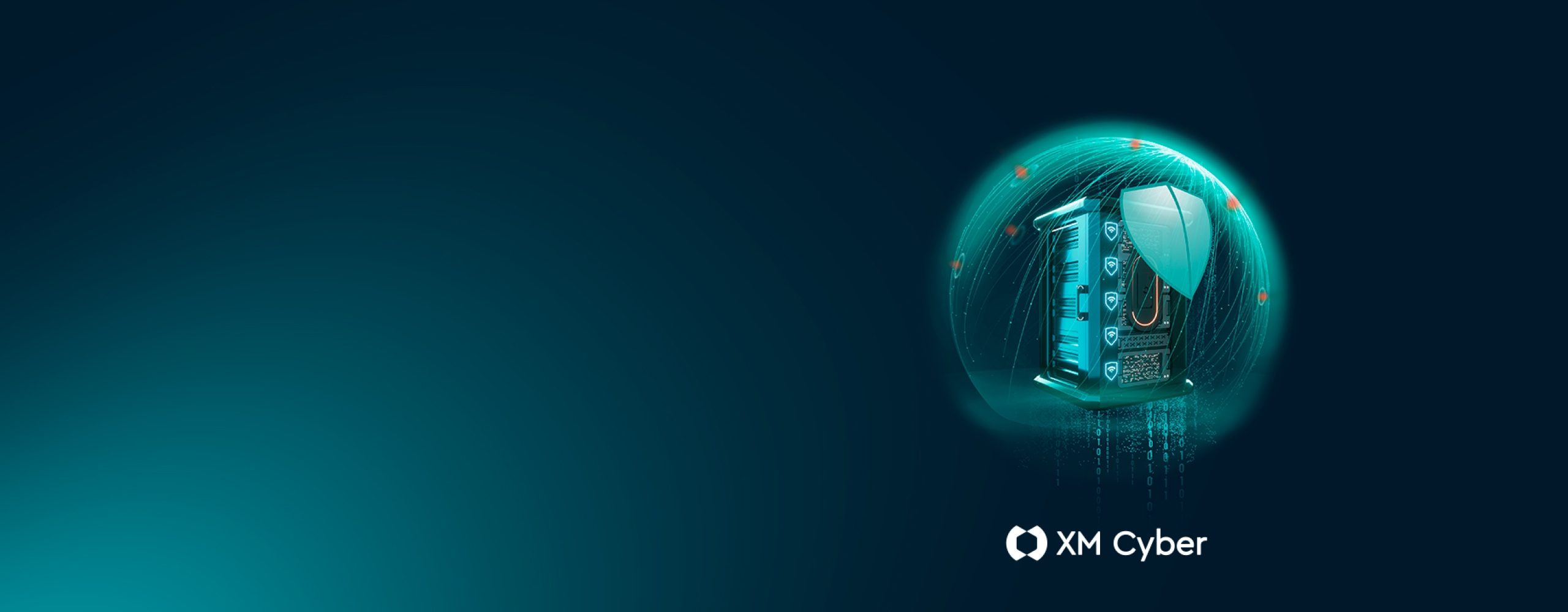 Visualisierung von IT-Sicherheit durch einen geschützten Server in einer leuchtenden Sicherheitskuppel mit dem XM Cyber Logo.