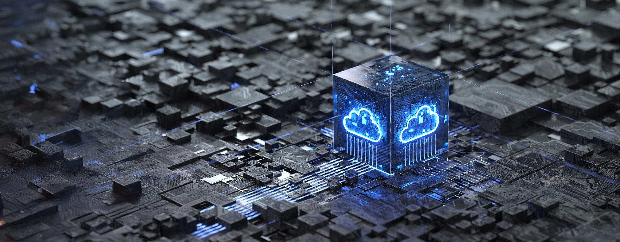 A large stack of physical documents rests on a desk. Digital glowing symbols and data visualizations in bright blue float above the stack and a computer monitor in the background, symbolizing the transition to digital document processing.