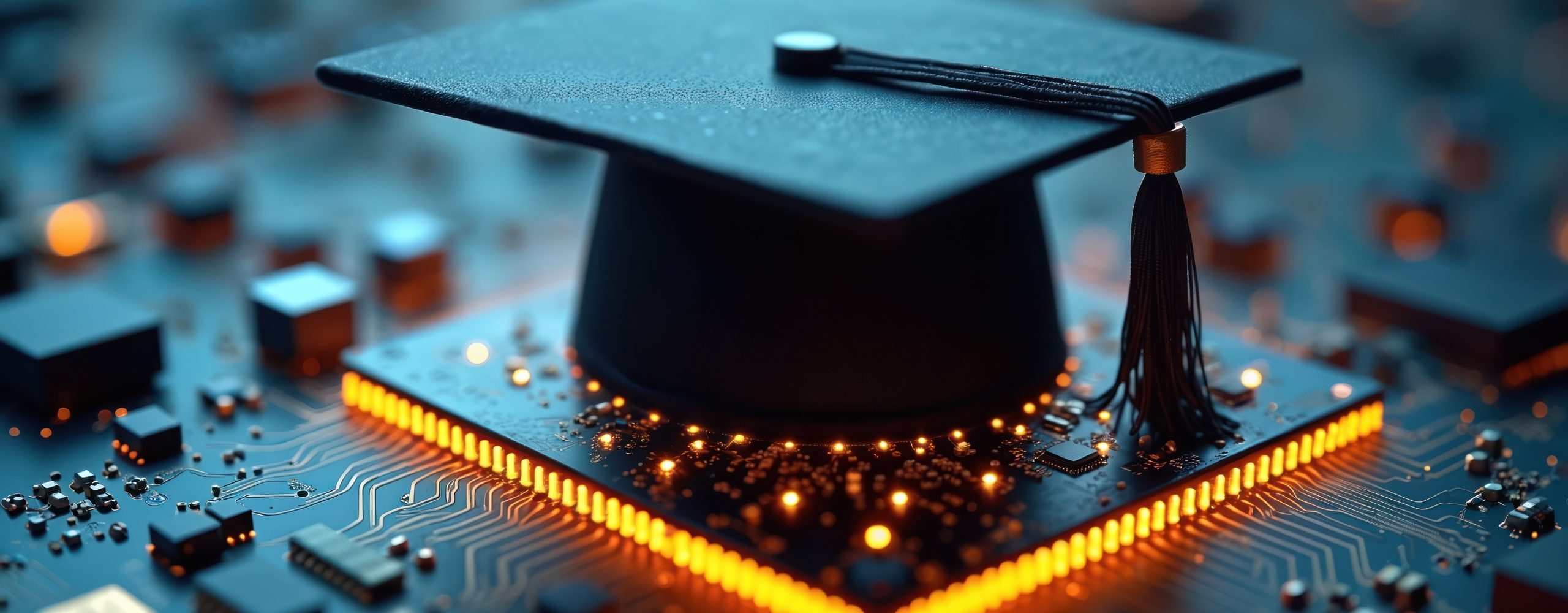 Nahaufnahme einer schwarzen Doktorhut/Abschlusskappe, die auf einem beleuchteten Mikrochip oder einer zentralen Prozessoreinheit (CPU) sitzt, welche in eine dunkle Leiterplatte (Platine) eingebettet ist. Der Chip strahlt ein warmes, helles orange-gelbes Licht aus, das die umliegende Schaltkreisstruktur beleuchtet. Die Szene vermittelt ein Konzept der digitalen Bildung, Technologie oder künstlichen Intelligenz (KI) in der Wissenschaft.