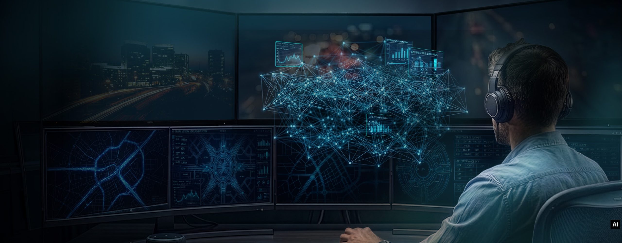 IT-Spezialist überwacht ein digitales Netzwerk und Stadt-Infrastruktur auf mehreren Bildschirmen.