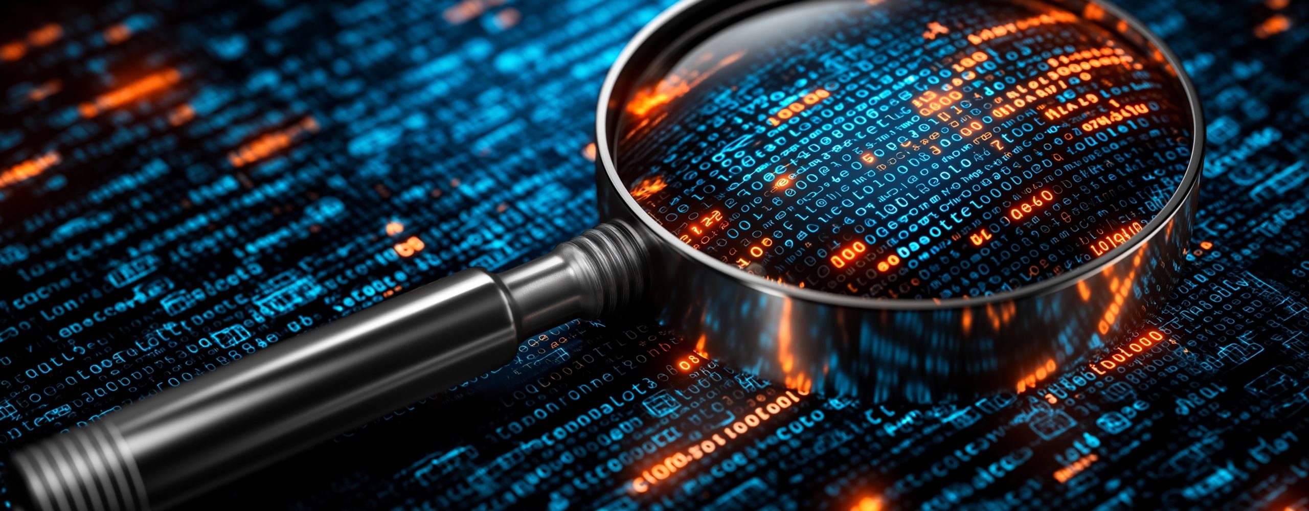 Log-Analyse und Code-Prüfung: Lupe vergrößert digitalen Binärcode