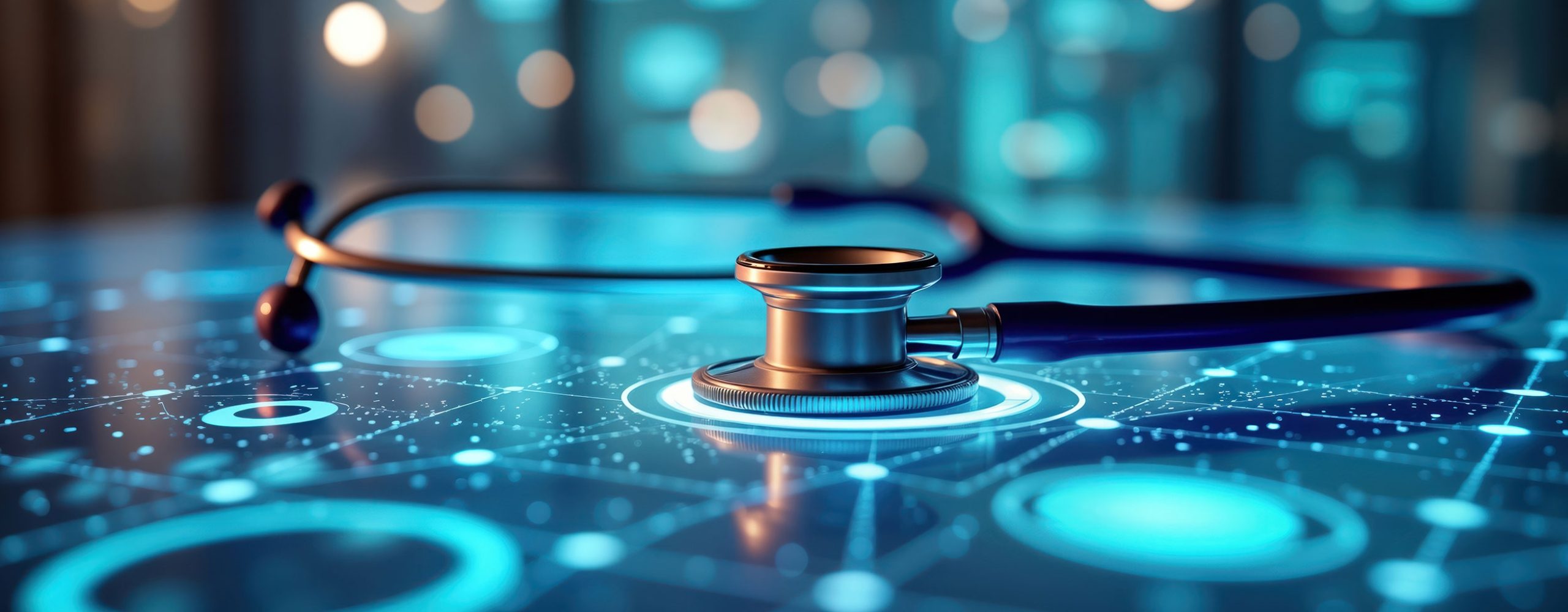 Stethoscope lying on a glowing blue digital circuit board with network nodes.