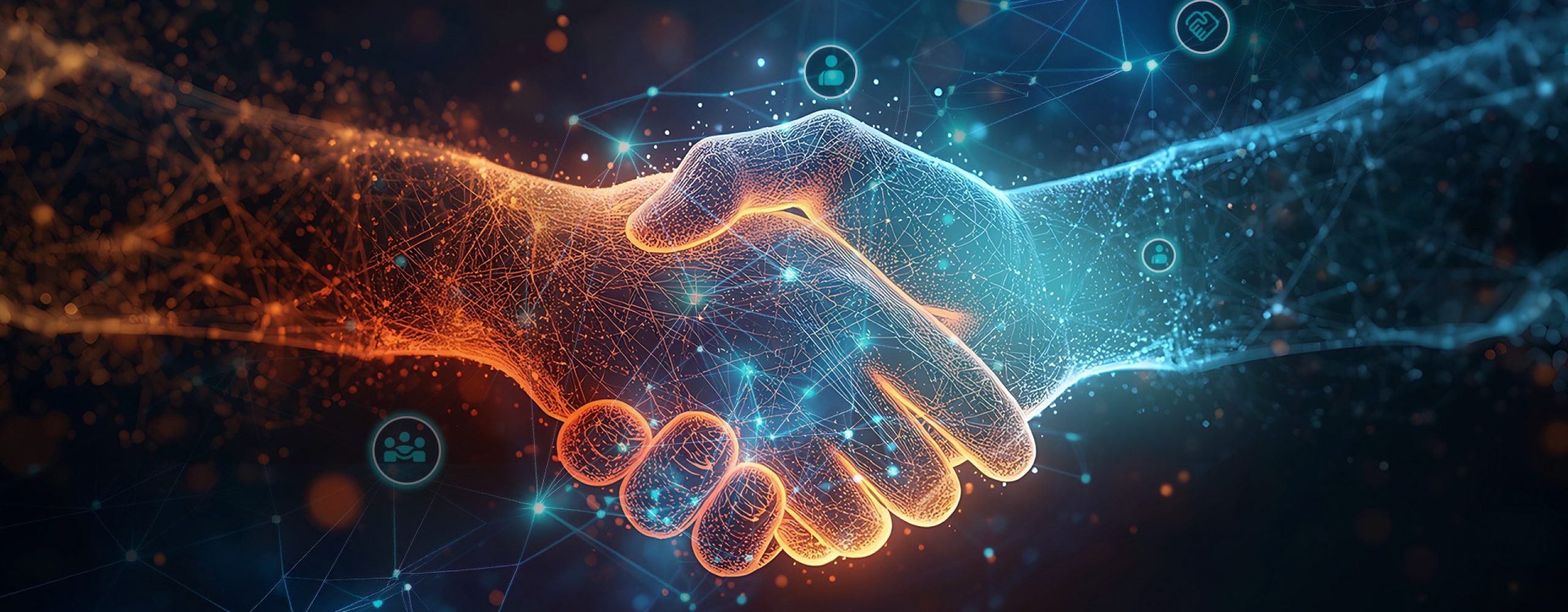 Grafische Darstellung von zwei sich die Hand schüttelnden Händen, die aus einem leuchtenden digitalen Datennetzwerk in Orange und Blau geformt sind.