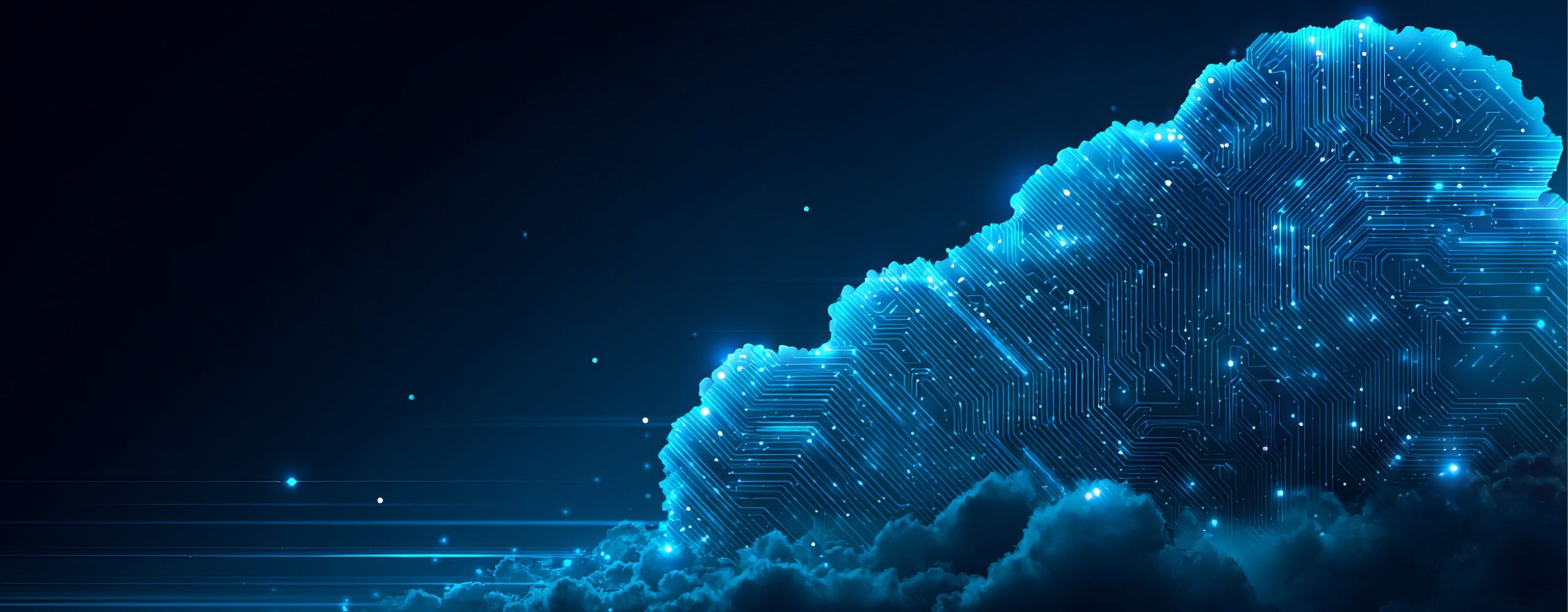 Eine stilisierte, leuchtend blaue Wolke, geformt aus filigranen Leiterplattenmustern, die über einer Schicht aus dunklen, realistischen Wolken vor einem tiefschwarzen Hintergrund schwebt. Leuchtende Partikel und horizontale Lichtstreifen umgeben die digitale Wolke und vermitteln den Eindruck von Hochgeschwindigkeits-Datenübertragung und fortschrittlicher Cloud-Computing-Technologie.