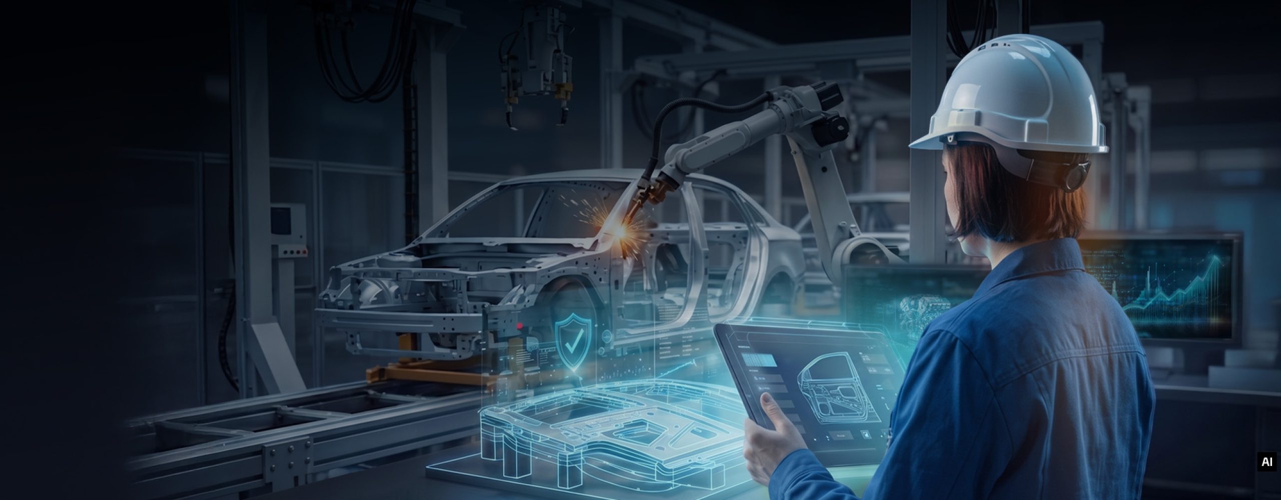 Ingenieurin überwacht die automatisierte Autoproduktion mit Roboterarm und Tablet.
