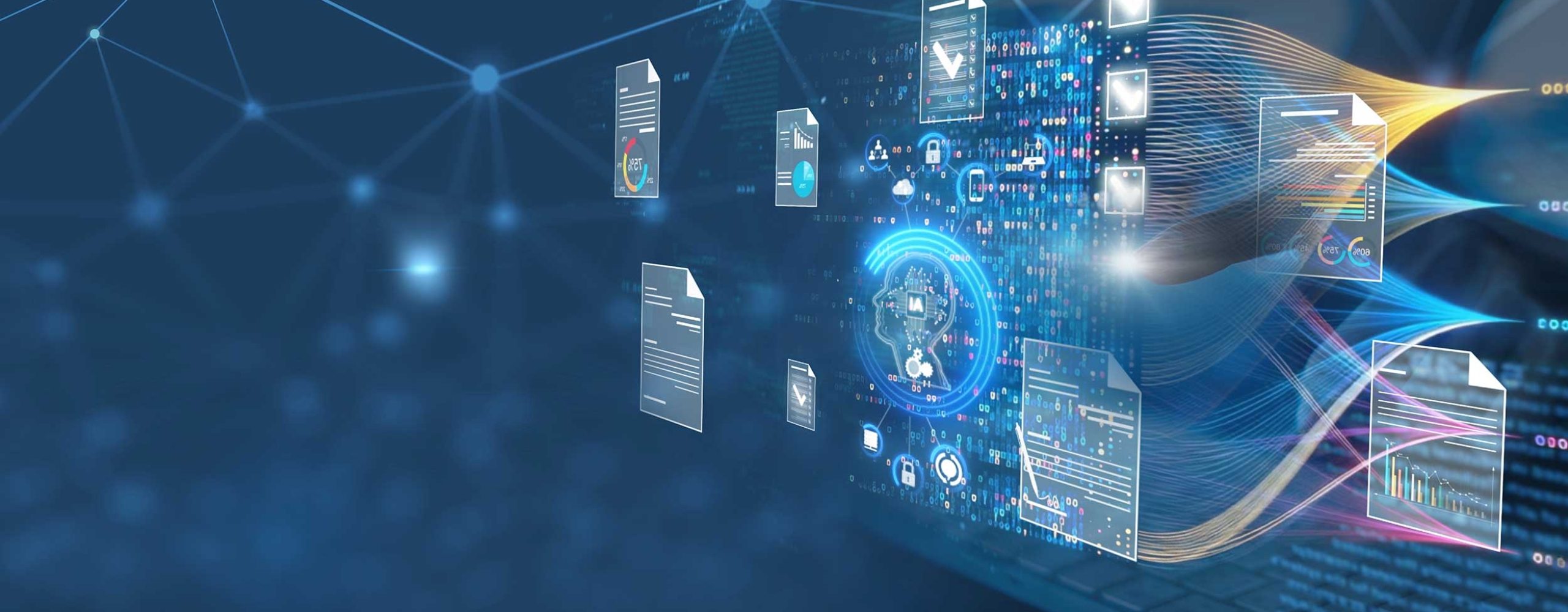 Futuristisches Konzept von künstlicher Intelligenz, die digitale Dokumente, Diagramme und Datenströme auf einem blauen Netzwerk-Hintergrund verarbeitet.