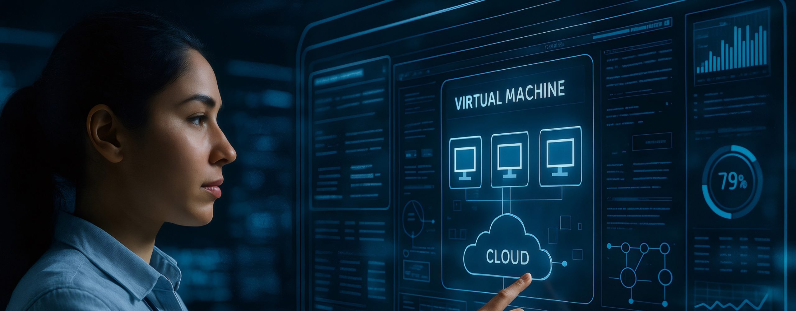 Eine Frau im Profil, bekleidet mit einem blauen Hemd, interagiert mit einem leuchtenden, futuristischen Touchscreen, auf dem ein Diagramm zur VIRTUAL MACHINE und Cloud-Technologie dargestellt ist. Das Bild symbolisiert IT-Management, Virtualisierung, Cloud Computing, Datenzentren und die digitale Transformation.