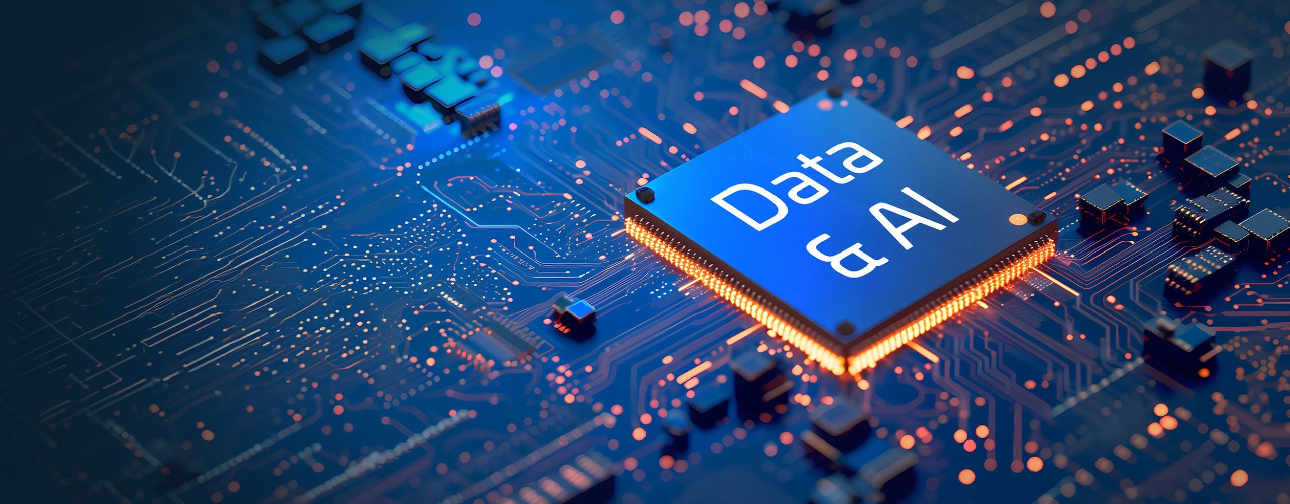 Futuristic blue glowing microprocessor on a circuit board featuring the text "Data & AI" with orange light trails and digital data connections.