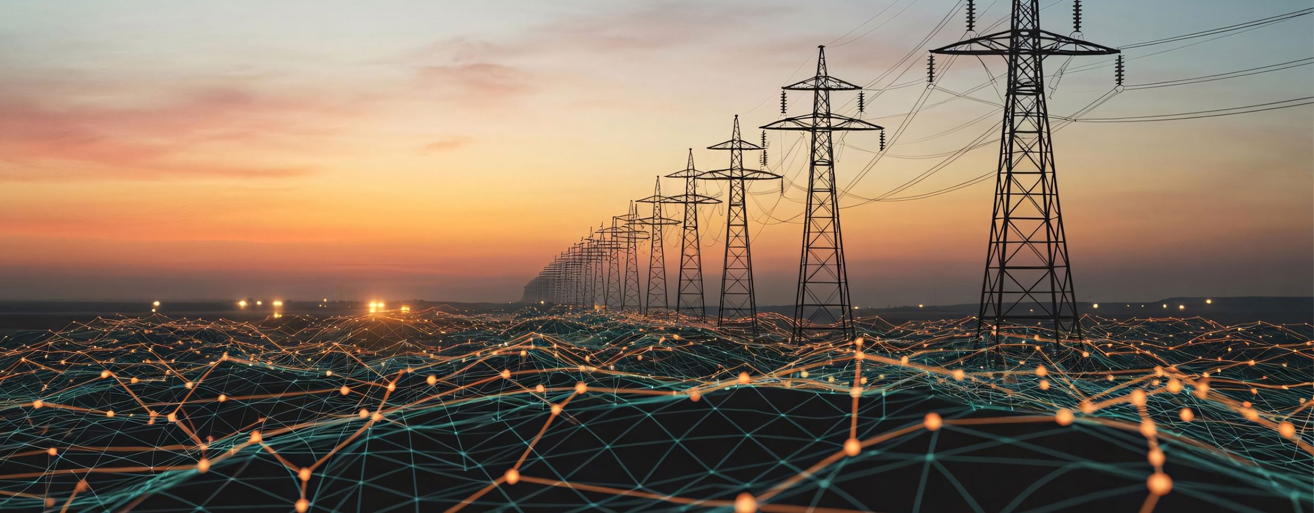 A line of high-voltage power pylons at dusk overlaid with a glowing digital mesh network, symbolizing smart energy grids and network stability.