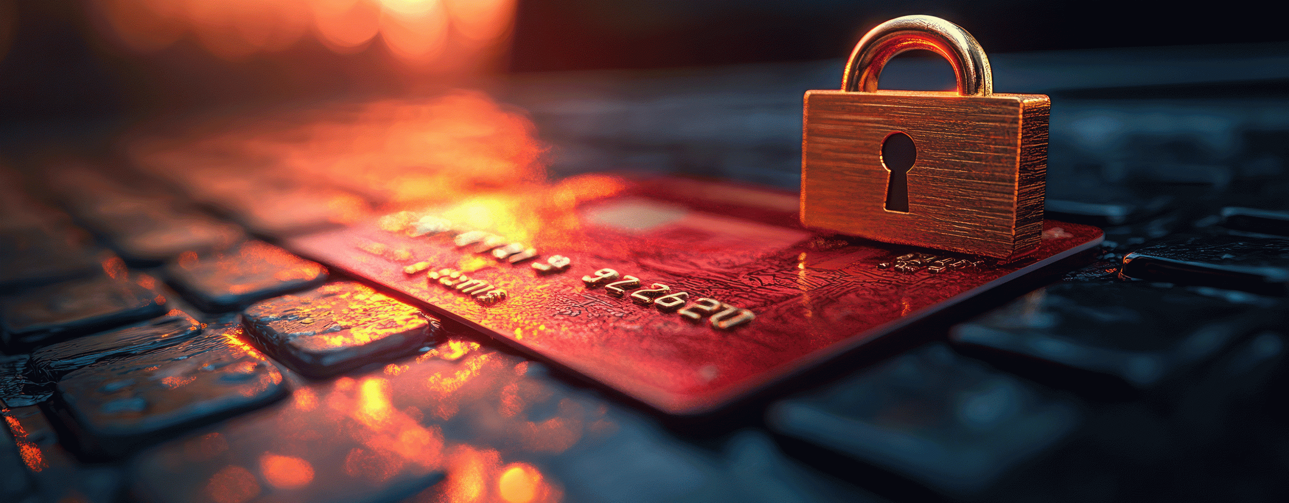 Eine rote Kreditkarte liegt auf einer dunklen Computertastatur. Auf der Kreditkarte steht ein geschlossenes, goldenes Vorhängeschloss, das die Sicherheit von Online-Zahlungen und Datenschutz symbolisiert. Im Hintergrund sind warme, unscharfe Lichteffekte (Bokeh) zu sehen.