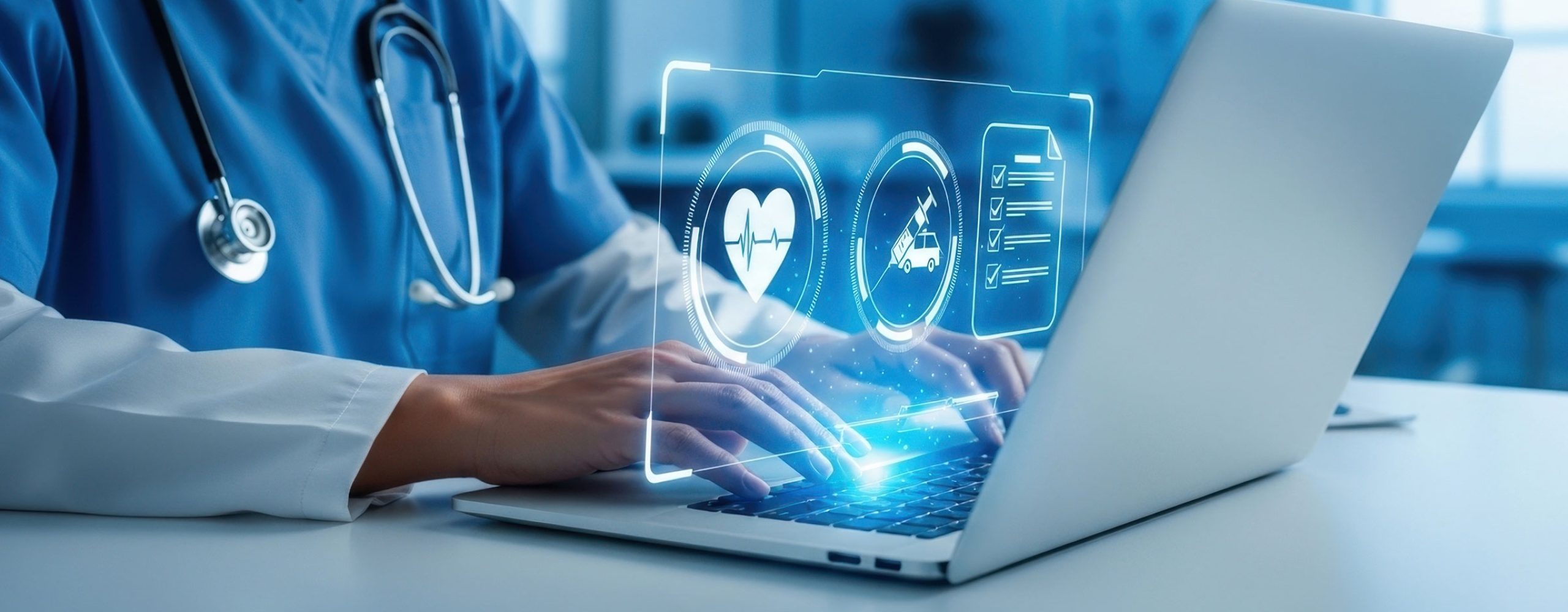 Medical professional using a laptop for digital healthcare data exchange and electronic health records.