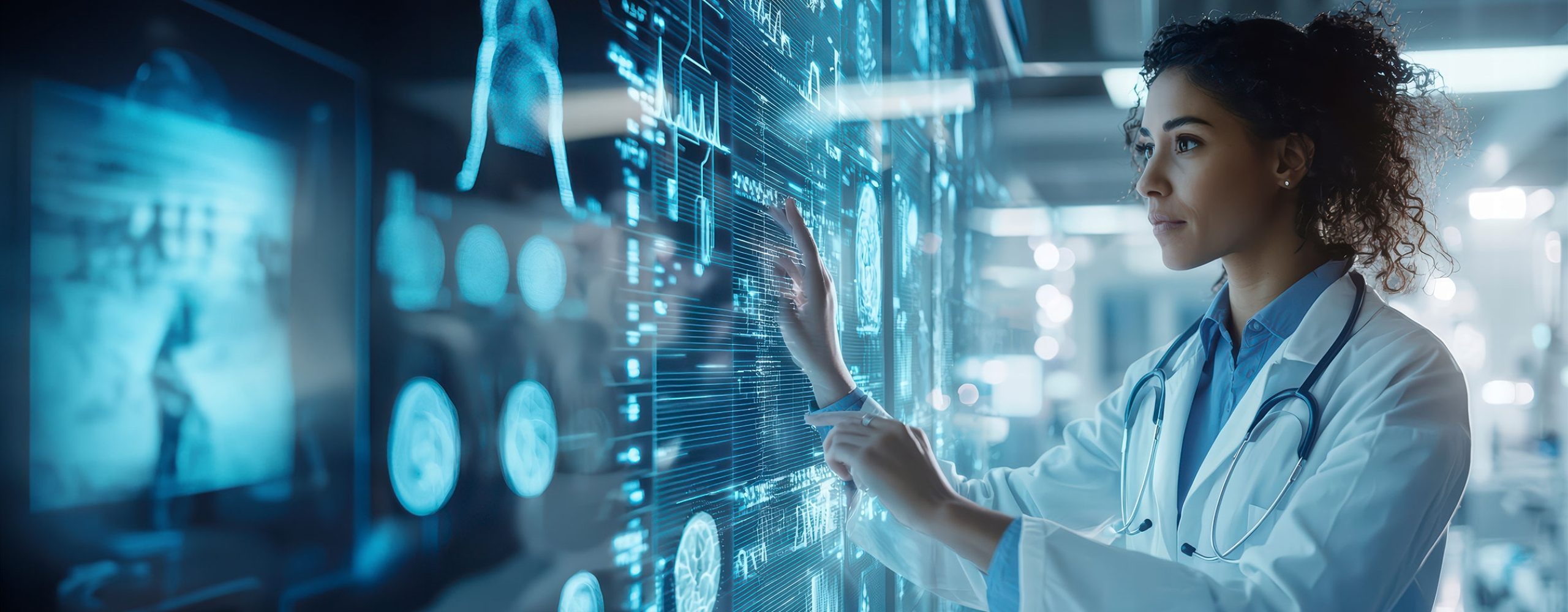 Ärztin oder Wissenschaftlerin im Laborkittel mit Stethoskop betrachtet und interagiert mit einem leuchtenden, digitalen Touchscreen, der medizinische Daten, Scans und Diagnosediagramme anzeigt. Symbolisiert digitale Gesundheitsversorgung und Telemedizin.