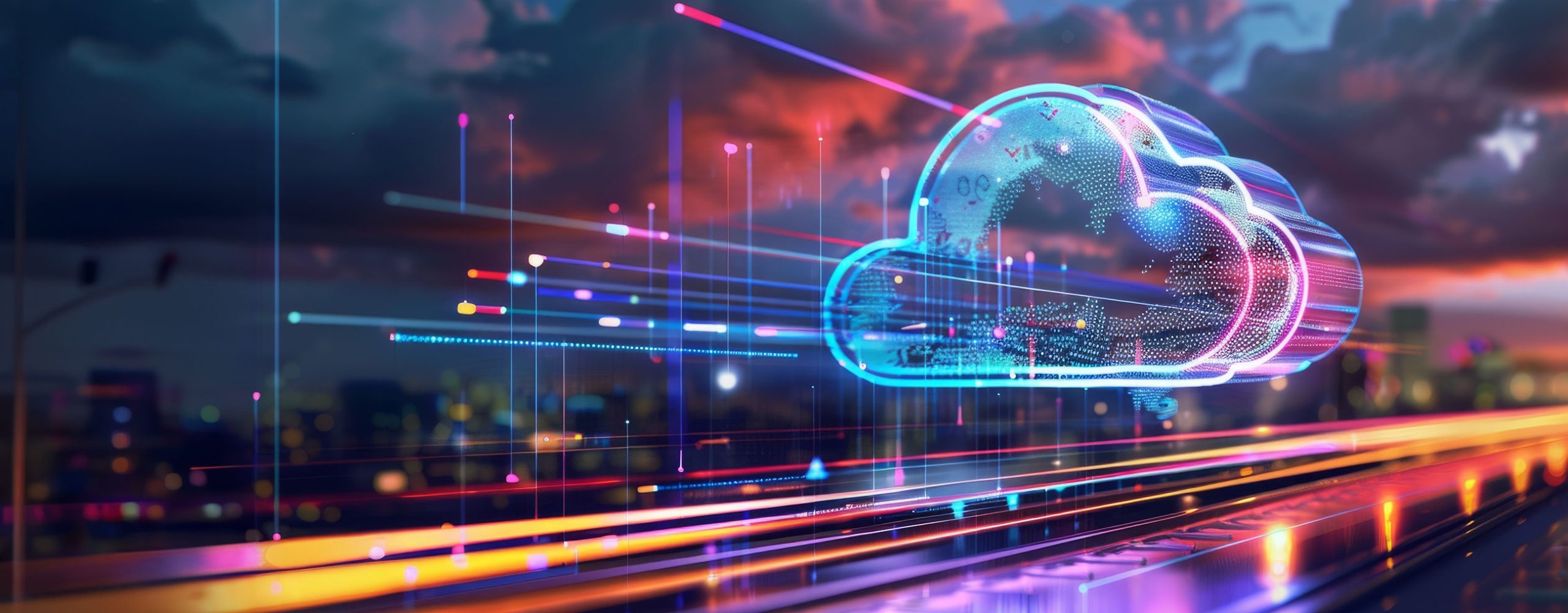 Abstrakte Darstellung eines leuchtenden, global vernetzten Cloud-Symbols (mit Weltkarten-Muster) vor einer Stadtkulisse bei Sonnenuntergang. Symbolisiert Cloud Computing, weltweiten Datentransfer und digitale Transformation.