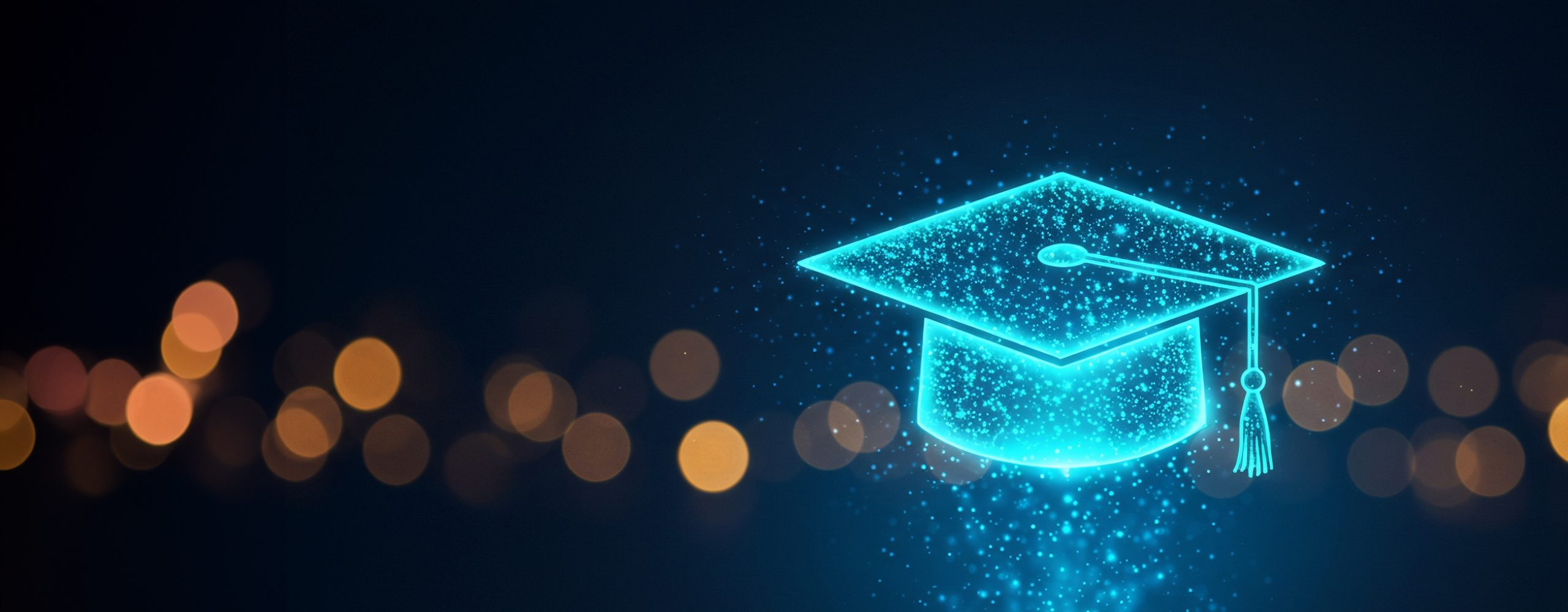 Leuchtendes, digitales Doktorhut-Symbol (Graduation Cap) in Cyan-Blau, das aus einem Smartphone aufsteigt. Symbolisiert E-Learning, Online-Bildung, Cloud-Wissen und digitale Weiterbildung.