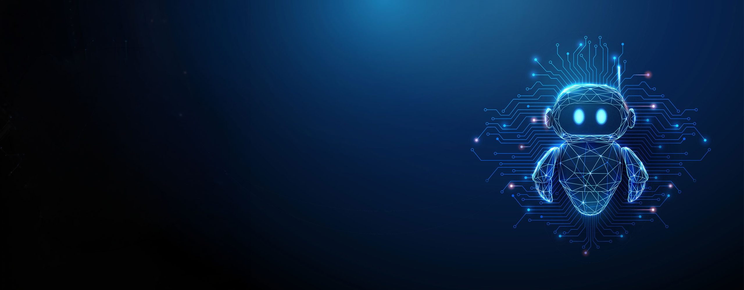 Futuristic glowing blue AI bot created from polygon wireframe lines, centered on a dark background with digital circuit board tracks and illuminated nodes.