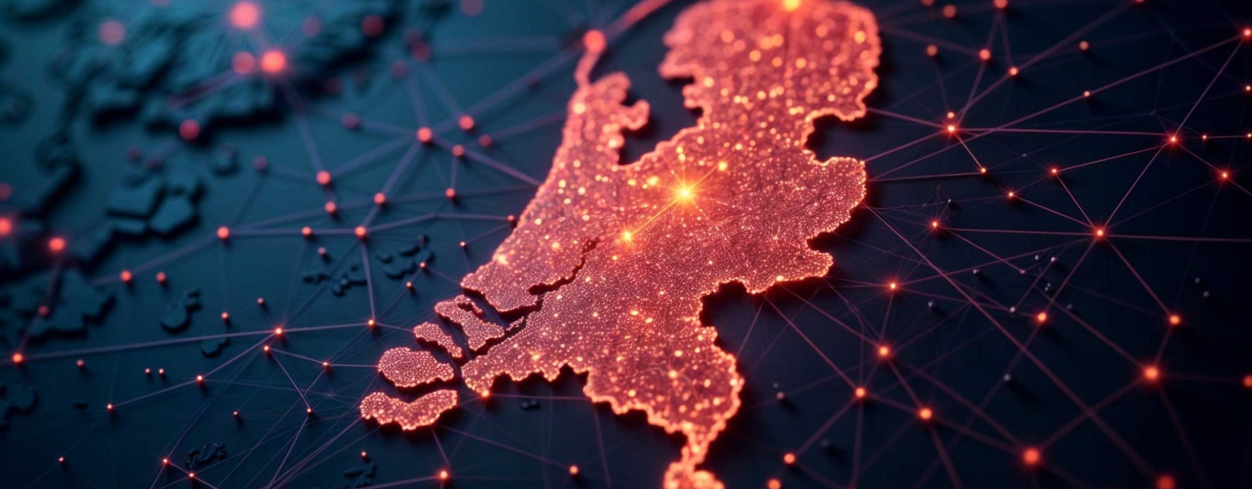 Digital sovereignty of the Netherlands: A bright red network map of the country on a dark background, representing secure connectivity and cloud infrastructure. Futuristic cyber map aesthetics.