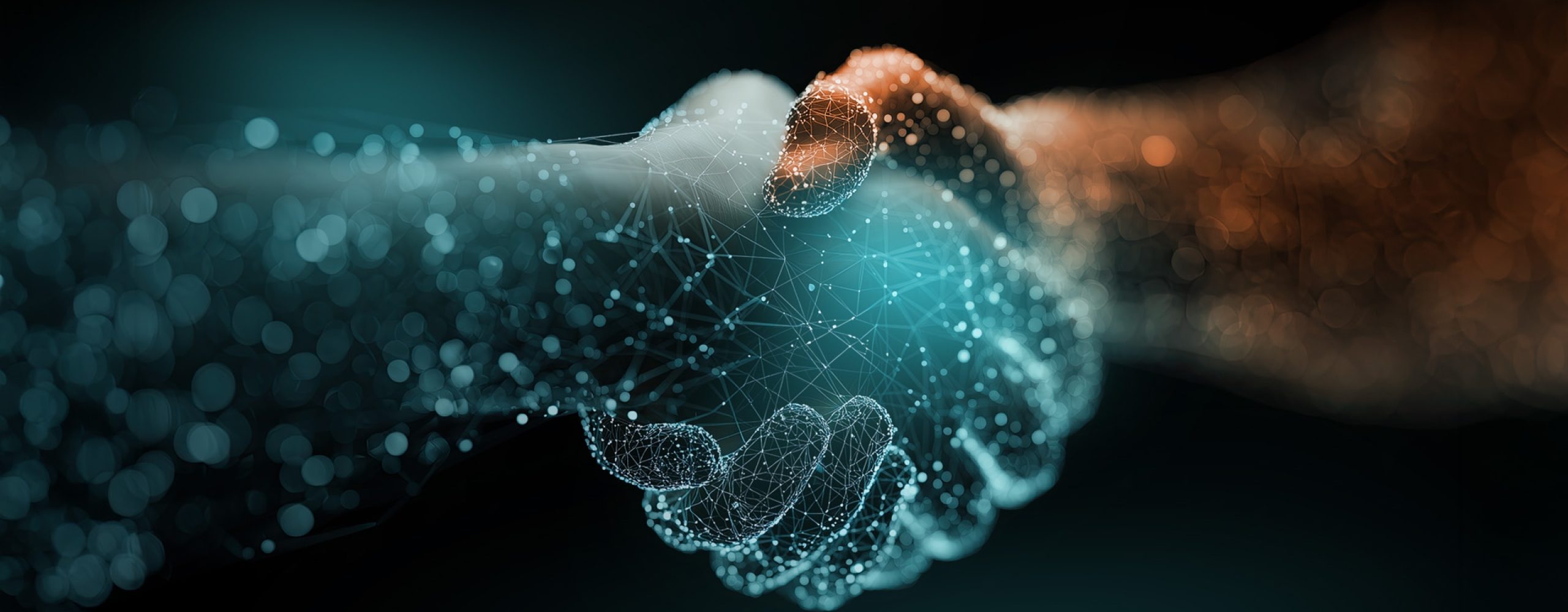 Digitale Illustration eines Händedrucks aus leuchtenden Netzwerkknoten und Datenpunkten, die eine technologische Partnerschaft symbolisieren.
